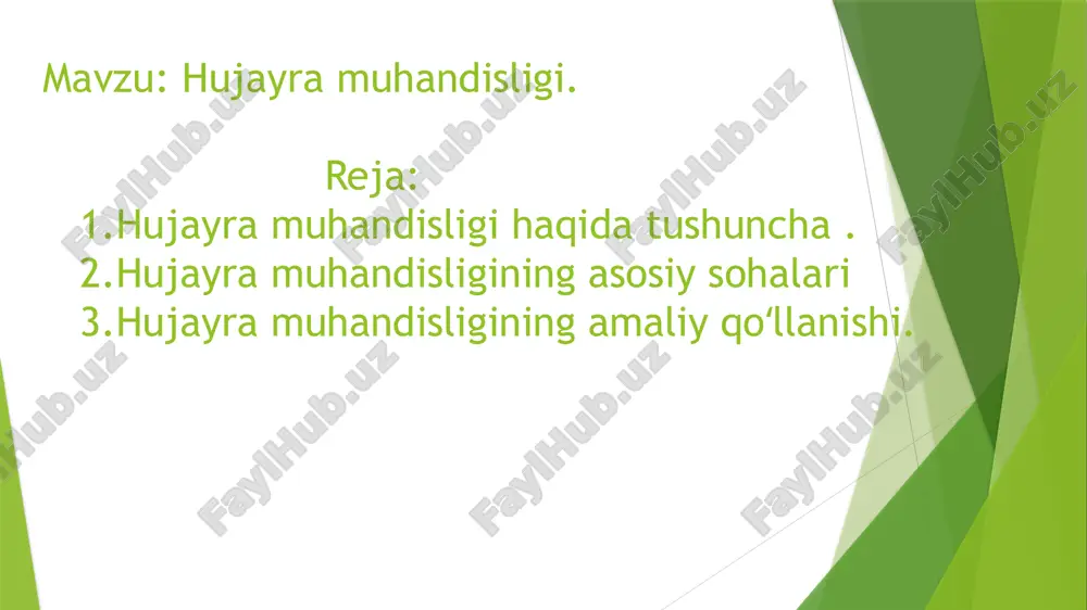 jarayonidir. bu, bioproduktlarni ishlab chiqarishda, masalan, insulin, vaksinalar yoki proteinlar kabi tibbiy preparatlar ishlab chiqarishda muhim ahamiyatga ega. 4. bioreaktorlar: bioreaktorlar – bu hujayralar yoki mikroorganizmlar o’sishini va mahsulot ishlab chiqarishini optimallashtirish uchun ishlatiladigan maxsus uskunalardir. ular hujayra muhandisligida biologik mahsulotlarni ishlab chiqarish jarayonini boshqarish uchun ishlatiladi. 5. hujayra materiallarining dizayni va biomateriallar: hujayra muhandisligi biomateriallar, ya’ni biologik tizimlar bilan integratsiyalashadigan materiallarni ishlab chiqishni ham o’z ichiga oladi. bu biomateriallar, masalan, sun’iy organlar, implantlar yoki protezlar kabi tibbiy qurilmalarda qo’llanilishi mumkin. 6. sistemaning modellashtirilishi va simulatsiyasi: hujayra muhandisligi sohasida hujayra va tizimlarning xulq-atvorini simulyatsiya qilish va modellashtirish uchun matematik va kompyuter modellari ishlatiladi. bu jarayonlar yordamida hujayra muhandislik manipulyatsiyalarining samaradorligini baholash mumkin. hujayra muhandisligining amaliy qo’llanilishi: 1. biopharmaceuticals ishlab chiqarish: hujayra muhandisligi biopharmaceuticals, masalan, vaksinalar, gormonlar va monoklonal antikorlar ishlab chiqarish uchun zarurdir. 2. yangi organ va to’qimalarni yaratish: hujayra muhandisligi yordamida sun’iy organlar yoki to’qimalar ishlab chiqarish mumkin. bu …