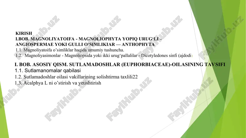kumga mansub 250000 ta atrofida turlar mavjudligi aniqlangan. 1-rasm. yoponiya magnoliyasi 1.2. magnoliyasimonlar - magnoliopsida yoki ikki urug‘pallalilar - dicotyledones sinfi (ajdodi) magnoliyasimonlar sinfi (ajdodi) taksonlarga boyligi bilan alohida o‘rinda turadi. u 8 ta sinf (ajdod)cha, 128 ta qabila, 429 ta oila, 10000 turkum va taxminan 190000 turni o‘z ichiga oladi. ikki urug‘pallalilar quyidagi sinfcha (ajdodcha) larga bo‘linadi: 1. magnoliyakabilar - magnoliidae. 2. ayiqtovonkabilar - ranuncididae. 3. chinnigulkabilar - caryophyllidae, 4. temirdaraxtkabilar - hamamelididae. 5. dilleniyakabilar - dilleniidae. 6. ra’nokabilar - rosidae. 7. yalpizkabilar(iabgullilar) - lamiidae. 8. qoqio‘tkabilar (murakkabgutlilar) - astyeridae. magnoliyakabilar sinfcha (ajdodcha)si, magnoliyanamolar - magnoliales qabilasi. bu qabilaga 3 ta oila kiradi: degeneriyadoshlar, magnoliyadoshlar va ximantradoshlar. magnoliyadoshlar - magnolictceae oilasi. oilaning 12 turkumga oid 240 ga yaqin turi mavjud. ular hayot shakliga ko‘ra daraxt, butalardan iborat. oilada doimo yashil hamda barglari to‘kiluvchi magnoliya turlari ham bor. janubiy amerikada o‘suvchi magnoliyalar doimo yashil, janubiy osiyoda esa bargini to‘kadi. bu …