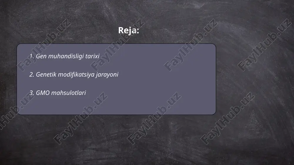 gmo ekinlar yetishtirildi. gmo mahsulotlari o'simliklar hosildorligini oshirish, zararkunandalar va kasalliklarga chidamligini oshirish, shuningdek, oziq-ovqat xavfsizligini yaxshilash maqsadida yaratiladi. shu bilan birga, ayrim iste'molchilar gmo mahsulotlarini iste'mol qilishdan chetlanishni afzal biladilar, chunki ularning sog'liq uchun ta'siri hali to'liq o'rganilmagan. ... t.me/slaydai_bot 4. transgen o'simliklar transgen o'simliklar genetik jihatdan o'zgartirilgan o'simliklardir. 1990-yillarda paydo bo'lgan va hozirgi kunda millionlab gektarda ekilayotgan bu o'simliklar asosiy maqsad sifatida hosildorlikni oshirish hamda kasalliklarga chidamliligini yaxshilash uchun yaratilgan. misol uchun, transgen makkajo'xori (zea mays) va soya (glycine max) ko'pincha aqsh va braziliyada keng ekiladi. 2022-yilda, dunyo bo'yicha 190 million gektar maydonda transgen o'simliklar ekilgan. ular kengayuvchi aholining oziq-ovqat xavfsizligini ta'minlashda muhim rol o'ynaydi, lekin ular bilan bog'liq ekologik va ijtimoiy xavotirlar ham mavjud. ... t.me/slaydai_bot hayvon genetika muhandisligi hayvonlar genomlarini o'zgartirish orqali yangi xususiyatlar yaratish yoki mavjud hususiyatlarni yaxshilashga qaratilgan fan sohasi hisoblanadi. 1973-yilda paul berg tomonidan birinchi rekombinant dnk molekulalari yaratilgan. o'shandan beri, 2,000 dan …