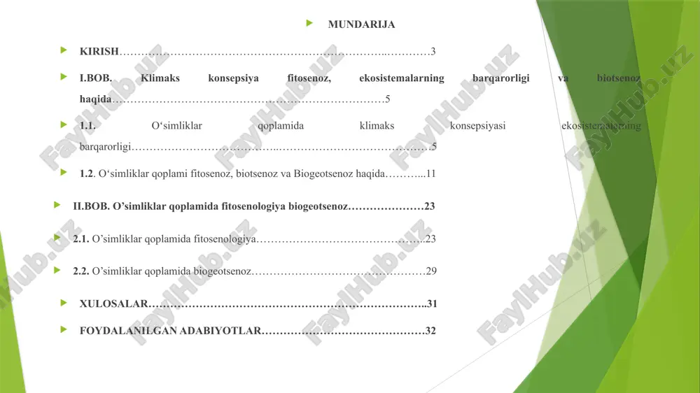 uammolari bilan shug’ullanadi. i.bob. klimaks konsepsiya fitosenologiya 1.1. oʻsimliklar qoplamida klimaks konsepsiyasi ekosistemalarning barqarorligi alfa xilma-xillik, beta xilma-xillik va gamma xilma-xillik muayyan bir xududda uchraydigan barcha o‘simlik turlarining xilma xillik darajasi alfa xilma-xillik deb yuritiladi. har bir xudud o‘zining shart sharoitlari bilan bir biridan farq qiladi va har xil o‘simlik turlarining o‘sishiga sabab bo‘ladi. turlar soni (tuplar soni emas) qanchalik ko‘p bo‘lsa, alfa xilma-xillik shunchalik yuqori hisoblanadi va aksincha, qanchalik kam bo’lsa, shunchalik past bo’ladi. beta xilma xillik bu - muayyan xududdagi o‘simlik jamoalarining (turlarining emas) xilma- xilligi hisoblanadi. bunda har xil ekologik sharoitlar yoki ularning tabiiy yoki antropogen ta’sir natijasida tez tez o‘zgarib turishi yangi va har xil turli-tuman o‘simlik jamoalarining shakllanishiga olib keladi. qanchalik ta’sir kuchli va xilma-xil bo‘lsa, beta xilma-xillik shunchalik yuqori bo‘ladi. ayniqsa, shahar va qishloqlarga yaqinlashgan va ichkariga kirgan sari beta xilma-xillik ortib, alfa xilma xillik pasayadi va buning aksi holatida, yani antropogen bosim va …