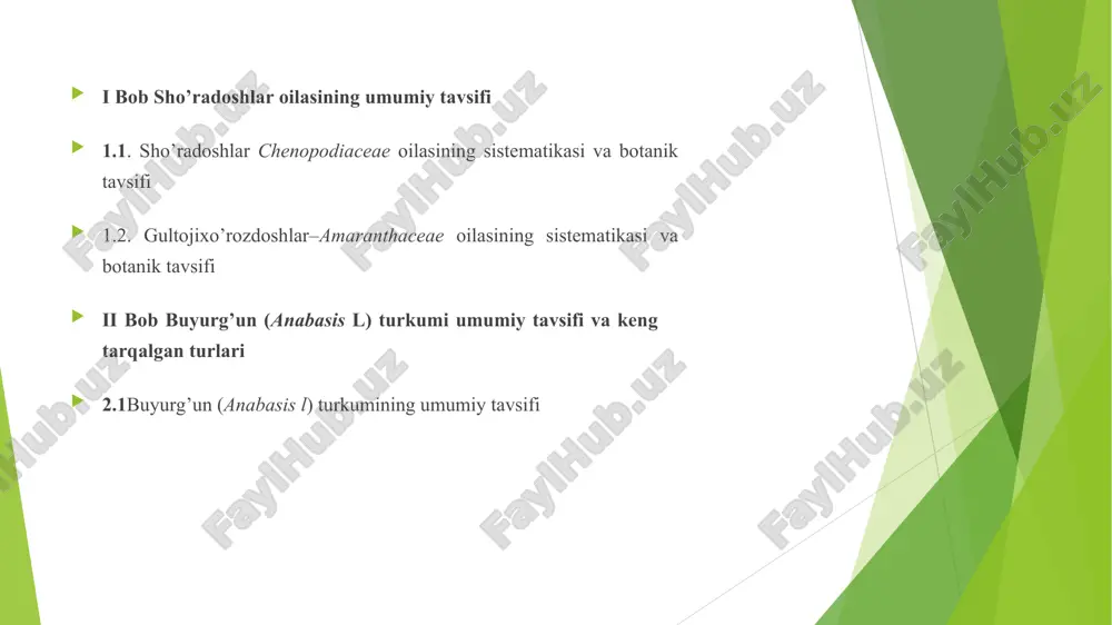 5 (1-3) ta, ba’zan kosachasi yo’q, erkin ba’zan asosidan qisman qo’shilgan, changchilari 5 ta, erkin yoki asosidan qo’shilib qisqa nay hosil qiladi changdonlari 4 uyali (gultojixo’rozlarda), 2 uyali (gomfrenalarda) ginetsey 2-3 mevachibargdan iborat, tugunchasi ustki gulining umumiy formulasi: ca4-5co0a5g(2-3) mevasi yong’oqcha, ba’zan rezavor, urug’lari sharsimon, yasmiqsimon va yaltiroq gultojixo’rozdoshlar oilasining 3 oilachasi mavjud: derringiyadoshchalar (derringioideae), gultojixo’rozdoshchalar (amaranthoideae), gomfrenadoshchalar (gomphrenoideae) ular 65 turkum va 900 dan ko’proq turni o’z ichiga oladi o’zbekistonda esa 1 turkum va 10 turi o’sadi ular orasida derringiyadoshchalar tuzilishiga ko’ra eng sodda va qadimgirog’i hisoblanadi uning 5 ta turkumi mavjud, ammo birontasi ham o’zbekistonda yovvoyi holda uchramaydi gultojixo’rozdoshlar oilasi kelib chiqishi va tuzilishiga ko’ra sho’radoshlarga (chenopodiaceae) ancha yaqin turadi, mingguldoshlar (phytolaccaceae) bilan umumiy belgilari ancha ko’p sho’radoshlar va gultojixo’rozdoshlar mingguldoshlarning yuksakroq tuzilishli vakillaridan kelib chiqqan deb qaraladi ii bob. buyurg’un (anabasis l) turkumi umumiy tavsifi va keng tarqalgan turlari . 2 1. buyurg’un (anabasis l) turkumining umumiy …