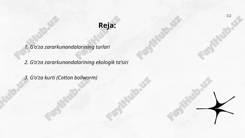 alari gʻoʻza qoʻnogʻida oziqlanadi va toʻqimalarning zararlanishiga olib keladi, hosilni 30-90% gacha kamaytirishi mumkin. nazorat qilish uchun kimyoviy insektitsidlar, biologik usullar va agronomik choralar qoʻllaniladi. samarali nazorat qilishda feromon tuzoqlari va selektiv pestitsidlar yordamida monitoring qilish muhim. yillik zarari dunyo boʻyicha o‘rtacha 5 milliard aqsh dollariga yetishi mumkin, bu esa global paxta sanoatiga jiddiy tahdid tug‘diradi. ... t.me/slaydai_bot gʻoʻza bitlari (aphididae) oʻsimlik zararkunandalari hisoblanadi. ular gʻoʻza, sabzavotlar, va mevali daraxtlarda uchrab, oʻsimlik sharbatidan oziqlanadi. gʻoʻza bitlari tez koʻpayadi, yiliga bir necha avlod hosil qilishi mumkin. ulardan eng koʻp tarqalgan turlari aphis gossypii va myzus persicae hisoblanadi. bu zararkunandalar oʻsimliklarni zaiflashtiradi, hosilni kamaytiradi va virusli kasalliklarni tarqatadi. kurash usullari orasida biologik nazorat, kimyoviy preparatlar va qishloq xoʻjalik ekinlarini agrotexnik ishlov berish kiradi. turli mintaqalarda ta'siri turlicha boʻlishi mumkin, shuning uchun lokal sharoitlar va muhitga mos choralar koʻrilishi zarur. ... t.me/slaydai_bot gʻoʻza o'rgimchak kanasi (tetranychus urticae) — juda kichik hasharot bo'lib, ko'pchilik …