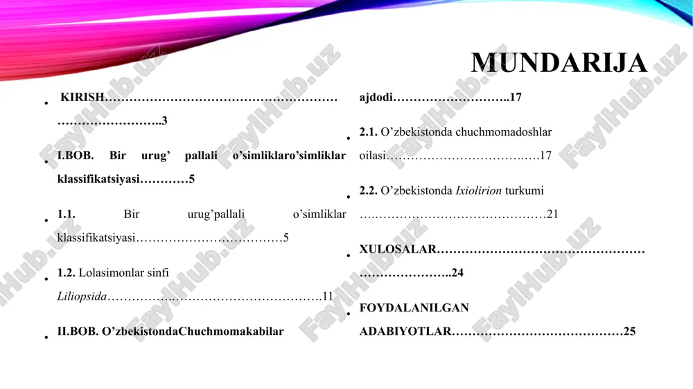 mi bir yillik o’tlardan iborat. palma singari ba‘zi daraxtsimon turlari ham bor. ildizlari popuk ildiz. barglari parallel tomirlangan. poyasida ikkilamchi yo’g’onlashish yo’q, sababi kambiy rivojlanmagan. gul tuzilishi ham o’ziga xos gulqo’rg’oni oddiy. gulqo’rg’on bo’laklari 3 tadan bo’lib joylashgan. lolakabilar kichik ajdodi – liliidae ajdodning eng katta ajdodchasi bo’lib, 21 qabila, 96 oila, qariyb 2700 turkum va 56000 dan ortiq turlarni o’z ichiga oladi. savrinjonnamolar qabilasi – colchicales (melanthiales) qabilaga bitta oila kiradi. savrinjondoshlar oilasi–colchicaceae (melanthiaceae). oilaga 40 dan ortiq turkum va 400 ga yaqin turlar kiradi. ularga piyozchali va ildizpoyali ko’p yillik o’tlar kiradi. gullari aktinomorf, ikki jinsli, gulq‘urg’on bo’laklari erkin joylashgan yoki qisman tutashib naycha hosil qiladi. changchisi 6 ta, urug’chisi 3 ta mevabargdan tashkil topgan. mevasi ko’sakcha. ularning barcha qismlari zaharlidir. 1.2. lolasimonlar sinfi liliopsida lolasimonlar ajdodi 4 ta ajdodga, 37 qabila, 104 oila va 3000 turkumga mansub 63000 ga yaqin turni o ‘z ichiga oladi. bu sinf …
