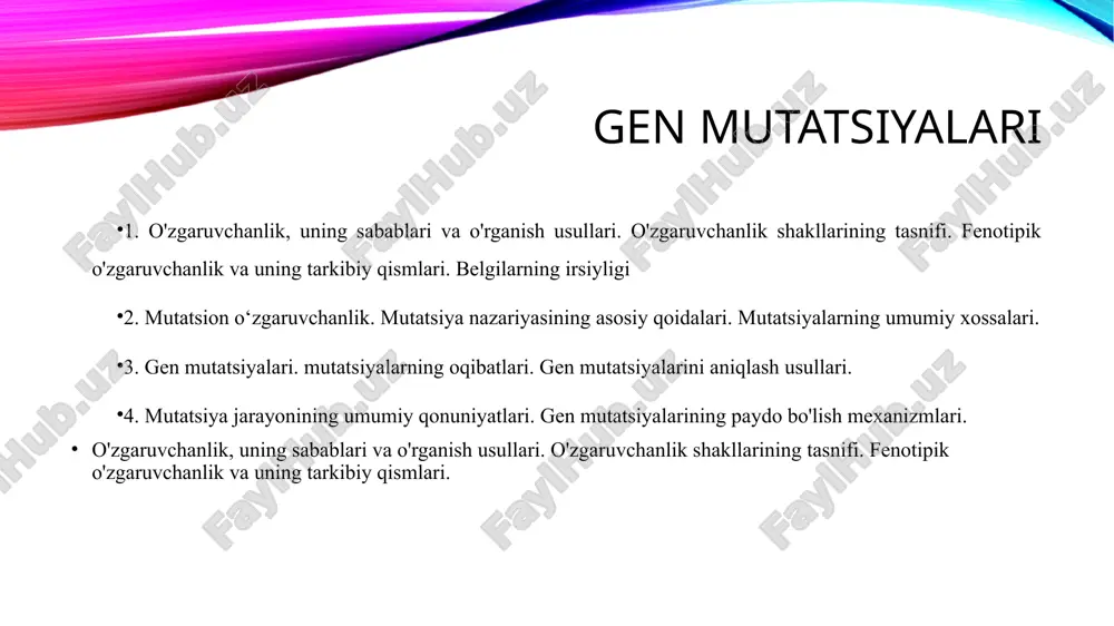 holatdagi organizmlar o‘zaro chatishganda resessiv mutatsiya gomozigota (aa) holatga o‘tadi va fenotipda ko‘zga tashlanadi. ulardan farqli ravishda dominant mutatsiyalar fenotipda namoyon bo‘ladi. gen allelini o‘zgarishiga ko‘ra mutatsiya ikki xil: to‘g‘ri va teskari mutatsiyalarga bo‘linadi. to‘g‘ri mutatsiyada dominant allel mutatsiya tufayli resessiv allelga ya’ni a a ga aylanadi. teskari mutatsiyada esa aksincha resessiv allel dominant allel a a ga aylanadi. gen haqida gen (nuqtaviy) mutatsiyalar barcha organik formalarga xos bo‘lib, ular ayrim hujayralarda hosil bo‘lib, ayrim olingan individlarda (mu-tantlarda) sakrash tarzida namoyon bo‘ladi. yovvoyi turlarga xos genlar odatda yovvoyi tipdagi genlar, agar u o‘zgargan bo‘lsa, unda mutant gen deb ataladi. aslida ular o‘rtasida hech qanday farq yo‘q. chunki yovvoyi tipdagi genlar ham bir vaqtida mutant bo‘lgan va ular turning evolyusiyasi davrida tabiiy tanlanishga uchragan va turlarning yashab qolishi uchun xizmat qilgan. foydali mutant genlarni tabiatda ma’lum turlarning har bir individlarida uchratish mumkin bo‘ladi, boshqacha aytganda, ularning har biri shu genning tashuvchisi …