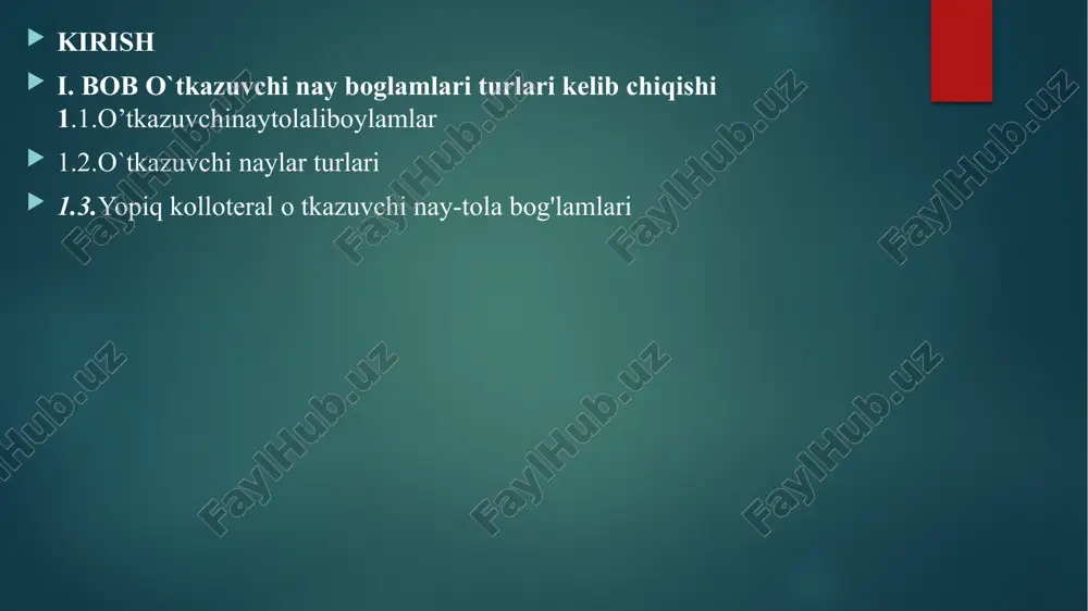mon intensiv rivojlanib bir necha barobar ziyod to‘qimalar hosil qilishi tufayli organlarning yog‘ochlik qismi floemaga qaraganda kuchli rivojlanadi. bundan tashqari floemaning to‘qimalari sekin-asta to‘kilib turadi. ochiq o‘tkazuvchi boylamlar ochiq urug‘li, shuningdek, yopiq urug‘li o‘simliklarning ikki pallalilar sinfining vakillarida ham uchraydi. shu sababli bu o‘simliklar orasida poyalari yog‘ochlangan daraxtsimon vakillar ko‘p uchraydi. yopiq o‘tkazuvchi boylamlar floemasi bilan ksilemasi orasida kambiy qavati bo‘lmaydi. shuning uchun bunday boylamlar eniga kengaymaydi va organlar eniga o‘smaydi. yopiq o‘tkazuvchi boylamlar bir pallali o‘simliklarda bo‘ladi 1.1-rasm. nay-tolali boylamlarning ko‘ndalang kesmasi: a-makkajo‘xori poyasining yopiq kollateral boylami, b-qovoq poyasining ochiq bikollateral boylami (chapda-umumiy tasvir, o‘ngda-cxematik tasvir): 1-poyaning yupqa asosiy parenximasi; 2-sklerenxima; 3-yo‘ldosh hujayra; 4-elaksimon nay; 5-yog‘ochlik parenximasi; 6-tursimon traxeyalar; 7-xalqali-spiral traxeya; 8-xalqali traxeya; 9-bo‘shliq; 10-tashqi floema; 11-kambiy; 12-ikkilamchi ksilema; 13-birlamchi ksilema; 14-ichki floema. ksilema va floemaning o‘zaro joylashishiga ko‘ra o‘tkazuvchi boylamlar quyidagi to‘rtta turga bo‘linadi (4-rasm). 1. kollateral o‘tkazuvchi boylamlar. bularda floema va ksilema bir-biriga yonma-yon joylashib turadi, ammo …