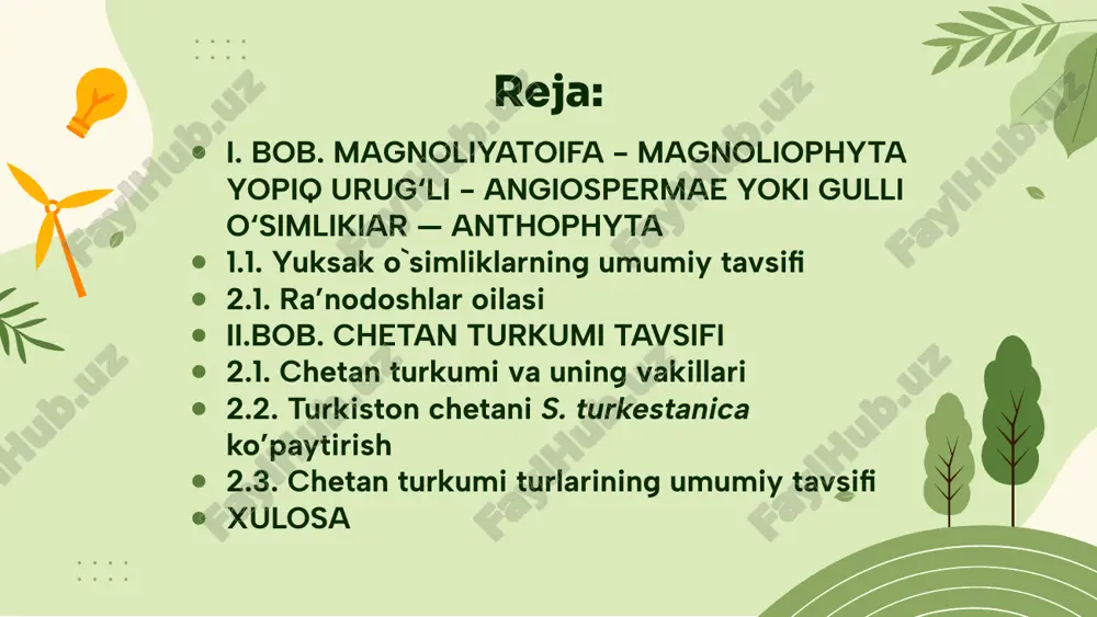 nsiy ko`payish azolari: erkakligi-anteridiy, urg’ochiligi- arxegoniydan iborat. 5. yuksak o`simliklar hayotiy jarayonida doimo nasllar gallanishi-jinsiy nasl gametofitni, jinssiz nasl–sporofit bilan almashinishi kuzatiladi yuksak o`simliklarni bo`limlarga bo`linishi. riniyatoifa –rhyniophyta zoosteriofittoifa – zoosterophyta yo`sintoifa – bryophyta plauntoifa – lycopodiophyta psilottoifa - psilotophyta qirqbo`g’imtoifa – eqvisetophyta qirqquloqtoifa - polypodiophyta karag’aytoifa yoki ochik urug’lilar – pinophyta magnoliyatoifa yoki gulli o`simliklar – magnoliophyta, anthophyta. yuksak o`simliklarning kelib chiqishi. ra’nodoshlar oilasi bu oila 100 ga yaqin turkumga kiruvchi 3000 ta dan ziyod turni birlashtiradi. ular yer yuzida keng tarqalgan. hayotiy shakliga ko’ra ularga o’tlar, yarimbutalar, butalar va daraxtlar kiradi. barglari ketma-ket o’rnashgan, oddiy yoki murakkab, yonbargchali. to’pgullari har xil. gullari to’g’ri, ikki jinsli, asosan murakkab gulqo’rg’onli, gulqo’rg’on bo’laklari 5 tadan (ba’zan 4-6 tadan). gultojibarglari tutashmagan, changchilarining soni turlicha, odatda ko’p bo’ladi. gulo’rni yassi, likopchasimon yoki bo’rtgan, ba’zan mevasiga qo’shilib o’sib, soxta meva hosil qiladi. urug’chisi bitta yoki bir nechta mevabargdan iborat. tugunchasi ustki, yarim ostki yoki …