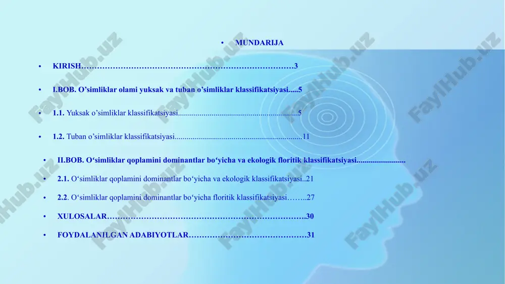 liklar klassifikatsiyasi yuksak o’simliklar (sormovionta) yuksak o’simliklarning ko’pchiligi vegetativ organlarga (poya, barg, ildiz) ega bo’lishi va shuningdek, markaziy silindr - o’tkazuvchi to’qimalarining bo’lishi, hamda maxsus urg‘ochi jinsiy organ - arxegoniyni bo’lishi bilan xarakterlanadi. gulli yoki - yopiq urug‘li o’simliklar (magnoliyatoifa esa urug‘kurtakga ega bo’lishi va meva hosil qiladigan organ - gulning bo’lishi bilan xarakterlanadi. yuksak o’simliklar uzoq davom etgan evolyusion taraqqiyot natijasida asta - syokin quruqlikka moslashaborgan. natijada vegetativ organlari murakkablasha borgan. lyokin, yuksak o’simliklarga kiritilga moxlar yoki yo’sintoifa bo’limi vakillari ildizga, markaziy o’tkazuvchi to’qimalarga ega emas va ularning ko’pchilik vakillari tallomli o’simliklar hisoblanadi. bu bo’limning yuksak o’simliklar bo’limiga qo’shilishiga sabab, ularda ham urg‘ochi jinsiy organ - arxegoniyning bo’lishidir. yuksak o’simliklar quyidagi asosiy bo’limlarga bo’lanidi. 1. yo’sintoifa bo’limi (bryophyta). 2. psilofittoifalar yoki rinofittoifa bo’limi (rsilophyta, rhniophyta). 3. psilottoifa bo’limi (psilotophyta). 4. plauntoifa bo’limi (lycopodiophyta). 5. qirqbo’g‘intoifa bo’limi (eguisetophyta). 6. qirqquloqtoifa bo’limi (pterophyta). 7. qarag‘aytoifa (ochiq urug‘lilar) bo’limi (pinophyta). 8. magnoliyatoifa …