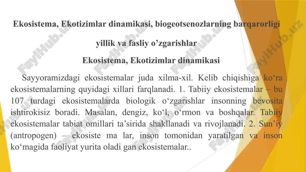 geotsenozlar bir butun yaxlit sistema bo‘lib, ular o‘z-o‘zini yangilash, barqarorlik, o‘z-o‘zini boshqarish xususiyatlariga ega. ma’lum maydondagi har bir tur soni va barcha turga mansub o‘simlikning biomassasi aniqlanadi. eng ko‘p biomassaga ega bo‘lgan tur dominant, (edifikator) qolgan turlar subdominant turlar hisoblanadi. professor v. v. alexin fikricha kursk viloyatidagi dasht zonasida 1m2 maydonda 1939 ta o‘simlik bo‘lib, ular 77 turga mansubligi aniqlangan. o‘simlik jamoasida fitotsenozlarda uchraydigan turlar bir biriga nisbatan turli baland pastlikda joylashadi, bunday joylashishga yaruslik yoki qavatlilik deyiladi. sukssesiya, birlamchi va ikkilamchi sukssesiya. sukssesiya haqida tarixi kelib chiqishi. biogeotsenozlarning almashinuvi. ma’lum vaqt oralig‘ida biogeotsenoz larda o‘zgarishlar sodir bo‘lishi mumkin. muhitdagi abiotik va biotik omillar ta’siri natijasida, ekosistema tarkibiga kiruvchi populatsiyalar soni kamayib boradi. vujudga kelgan yangi sharoitlar ularning hayot kechirishi uchun noqulay hisoblanadi. natijada tabiiy tanlanish tufayli bu populatsiyalar qisqarib, ular o‘rniga shu muhit sharoitiga moslashgan populatsiyalar paydo bo‘ladi. sukssesiya, birlamchi va ikkilamchi sukssesiya produtsentlar, konsumentlar va redutsentlar ekosistemalarning funksional …