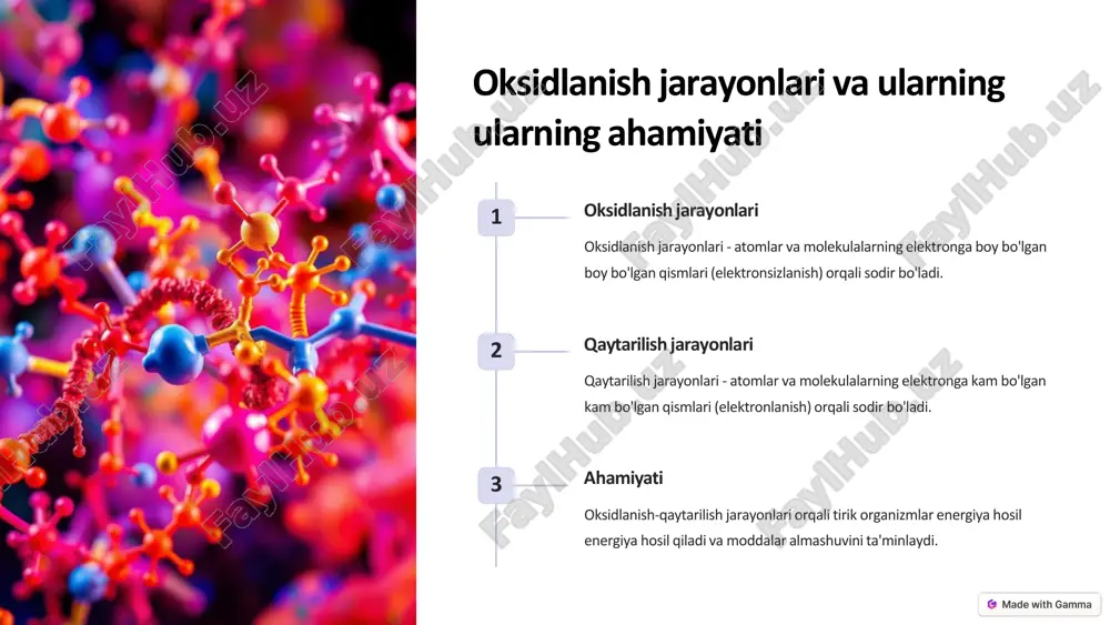 yati kislorod me'morisi nafas olish orqali organizmga kislorod olib olib kirib, uning oksidlanish jarayonlarini jarayonlarini ta'minlaydi. karbonat angidrid chiqarish nafas chiqarish orqali organizmdan karbonat karbonat angidrid chiqarib, oksidlanish natijasida hosil bo'ladi. energiya hosil qilish nafas olish jarayonida kisloroddan foydalanib, organizmlar energiya hosil qiladi. qiladi. https://gamma.app/?utm_source=made-with-gamma fotosintez jarayonida oksidlanish oksidlanish- - qaytarilish yorug'lik energiyasi fotosintez jarayonida quyosh nuri energiyasi ishlatiladi. suv va karbonat angidrid fotosintez jarayonining substrati sifatida sifatida foydalaniladi. kislorod ajralishi fotosintez natijasida kislorod ajralib chiqadi. glukoza sintezi fotosintez jarayonida glukoza hosil bo'ladi. https://gamma.app/?utm_source=made-with-gamma biologik oksidlanish va energiya almashinuvi 1 oksidlanish jarayoni organizmlar oksidlanish jarayonlari orqali energiya oladi. 2 atp sintezi oksidlanish natijasida hosil bo'lgan energiya atf sinteziga sarflanadi. sarflanadi. 3 energiya almashinuvi atf energiya manbayi bo'lib, u organizmlar tomonidan ishlatiladi. ishlatiladi. https://gamma.app/?utm_source=made-with-gamma biologik oksidlanish jarayonlari va xatoliklar 1 oksidlanish stressi haddan ziyod oksidlanishlar natijasida zararli erkin radikallar radikallar hosil bo'ladi. 2 antioksidantlar organizmlar erkin radikallarni radikallarni neytrallaydigan antioksidant moddalar …