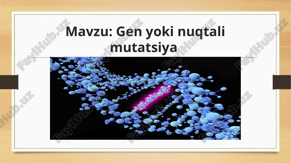 ng taʼsiriga bogʻliq. organizmda belgilar koʻp, ularning rivojlanishini taʼmin etuvchi genlar soni yanada koʻp, chunki aksariyat belgilarning rivojlanishini koʻp genlar taʼmin etadi. masalan insonda 10000 ga yaqin gen mavjud. gen mutatsiyalari. gen mutatsiyasi molekular darajada ro‘y beradi. gen mutatsiyasi ko‘p hollarda fenotipda yangi belgini rivojlantiradi. gen mutatsiyalari nukleotidlarning soni ortishi, o‘rin almashishi bilan kechadi. dnkdagi nukleotidlarning o‘rin almashishi ikki xil: a) bir purin azotli asosining ikkinchi purin azotli asosi yoki bir pirimidin azotli asosining ikkinchi pirimidin azotli asosi bilan almashishiga tranzitsiya deyiladi; b) purin asosining pirimidin asosi bilan, aksincha, pirimidin asosining purin bilan almashishi transversiya deb nomlanadi. lizin aminokislotasining kodi aaa dan uaa ga o‘zgarishi, glutamin kodi cagdan uagga o‘zgarishi mumkin . har qanday aminokislota kodini mutatsiya tufayli terminator uag kodiga o‘zgarishi polipeptid zanjiri sintezini ertaroq tugallanishiga olib keladi. geterozigota organizmda paydo bo‘lishiga qarab ikkiga bo‘linadi: 1. dominant mutatsiyalar. 2. retsessiv mutatsiyalar. dominant mutatsiyalarga polidaktiliya (ortiqcha barmoqlilik), katarakta (ko‘z shoxpardasining …