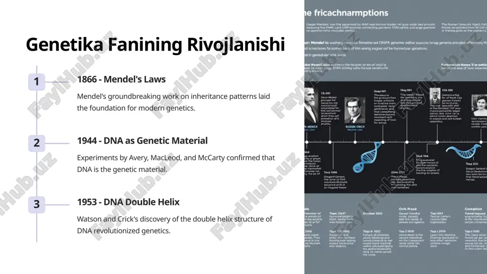 dir. 4 degeneratsiya bir aminokislota turli xil triplet kodlar bilan ifodalanishi genetik kodning degeneratsiyasi deb ataladi. 5 genetik almashunuv jarayonlar 1 replikatsiya dnk molekulasi o'z-o'zini nusxalash jarayoni bo'lib, bunda yangi bir-biriga o'xshash dnk zanjirlar hosil bo'ladi. 2 transkripsiya dnk zanjiridan mrnk molekulasini sintez qilish jarayoni bo'lib, bu mrnk ribosomalar tomonidan o'qiladi. 3 translyatsiya mrnk molekulasidagi genetik axborot asosida oqsillar sintez qilish jarayoni bo'lib, bu hujayra hayotida muhim rol o'ynaydi. 6 genetik munosabatlar va mutatsiyalar genetik munosabatlar dominantlik, resesivlik, ko'p genlik kabi genetik munosabatlar irsiyatning asosini tashkil qiladi. mutatsiya turlari mutatsiyalar nukleotid almashinuvi, nukleotid qo'shilishi yoki olib tashlanishi kabi turlardan iborat. mutatsiyalarning ahamiyati mutatsiyalar genetik xilma-xillikni oshirib, turli xil irsiy kasalliklarning kelib chiqishi sababchi bo'ladi. 7 genetik injeneriya va uning usullari dnk klonlash dnk zanjirlarini ko'paytirib, genetik axborotni saqlab qolish. rekombinant dnk turli organizmlardan olingan dnk parchalari birlashtirib, yangi genetik konstruksiyalar yaratish. gen tahrirlash dnk ketma-ketligini o'zgartirish orqali irsiy xossalarni yangilash …