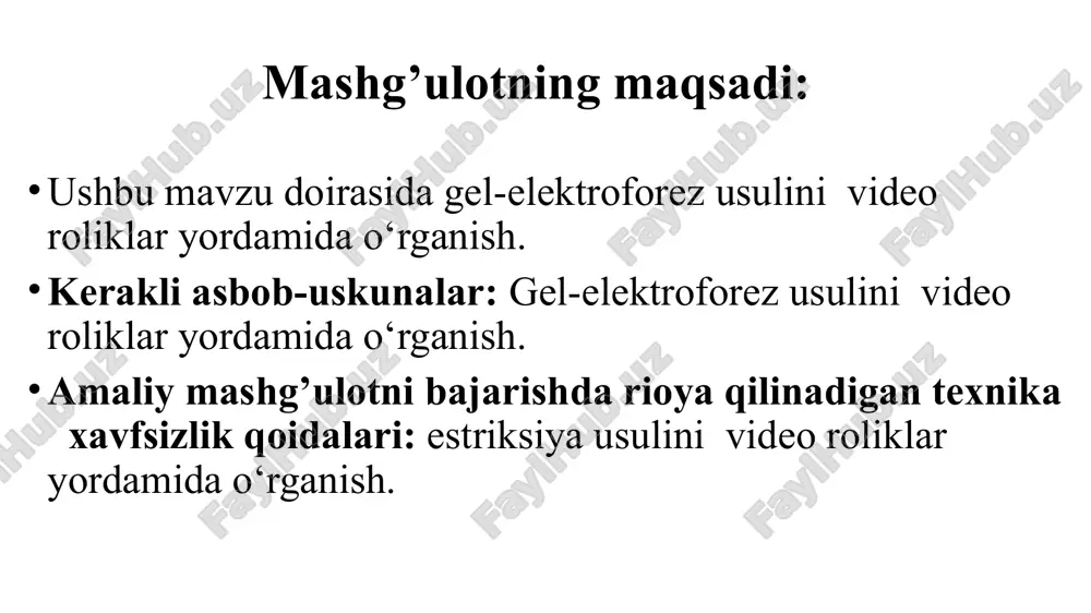 rli tezlikda bir-biridan ajraladi. barcha dnk molekulalari maʼlum massa birligida bir xil zaryada ega. shuning uchun gel elektroforezi dnk fragmentlarini oʻlchamiga qarab ajratadi. elektroforez yordamida namunada qancha turdagi dnk fragmentlari mavjudligini va ularning bir-biriga qanday bogʻliqligini bilib olishimiz mumkin. shuningdek, dnk qismlarining oʻlchamini bilgan holda uning absolyut oʻlchamini standart “etalon” bilan solishtirish orqali aniqlashimiz mumkin. gel nima? nomidan koʻrinib turibdiki, gel elektroforezi geldan – jelesimon moddadan iborat. dnk boʻlaklarini ajratish uchun qoʻllanadigan gellar koʻpincha quruq, kukunsimon shakldagi agaroza deb nomlangan polisaxariddan tayyorlanadi. agaroza bufer eritma (ozroq tuz saqlagan suv)da qizdirilsa va sovitilsa, u qattiq konsistensiyali, biroz shilimshiq gel hosil qiladi. molekulyar darajada olganda, gel – bu vodorod bogʻlari bilan bogʻlangan va mayda poralarni hosil qilgan agaroza molekulalarining yigʻindisi. gelning bir qismida quduqlar deb nomlanadigan, dnk namunalari joylashtiriladigan choʻntaksimon chuqurchalar mavjud boʻladi: dnk namunalari qoʻshilishidan oldin gel maxsus gel qutisiga joylashtiriladi. bu qutining bir chekkasida musbat, ikkinchi chekkasida manfiy elektrod joylashtirilgan. …