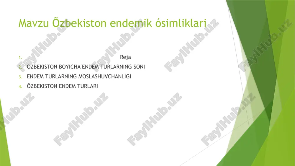 iritilishi kerak bo’lgan o’simlik turlarining soni 163 tadan 300 va undan ortib ketdi. ularning deyarli hammasi endem turlardir. endem turlarni saqlab qolish va ko’paytirish maqsadida qo’riqxonalar, buyurtmalar, yodgorliklar tashkil qilish zarur deb hisoblaymiz ma lumki, har bir mamlakat florasi bir tomondan o’ziga xosligi va oila, turkum, tur –tarkibi bilan harakterlansa, ikkinchi tomondan endem turlari bilan ham farqlanib turadi. o’zbekiston florasining tarkibi bir muncha yaxshi o’rganilgan bo’lsada, lekin endemik turlari haqida adabiyotlar kam. har bir mamlakat endemik turlarini o’rganish, nafaqat amaliy balki nazariy jihatdan ham ahamiyatlidir. endemik turlarni har tomonlama o’rganish, hudud florasi va o’simliklar qoplamini shakllanishiga doir evolyusion bosqichlarga aniqlik kiritishda alohida ahamiyat kasb etadi. shuningdek, o’simlik resurslaridan samarali foydalanish imkoniyatini beradi. o’zbekiston florasini balki turli sifatga egaligi haqida ham tasavvurga ega bo’lish imkoniyatini beradi. respublikamiz o’zbekiston florasining endem turlari hududiga nazar tashlar ekanmiz, ekologik muhitni va u yerlarda o’suvchi o’simliklarda shu muhitga muvofiq keladigan ko’rinishlar hosil qilganini ko’rishimiz mumkin. …