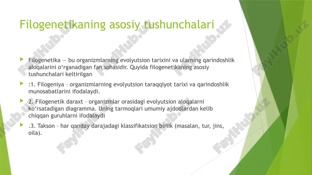 chiqishga qaratilgan. filogeniya - biologiyaning bir qismi bo‘lib, organizmlarni bir-biridan kelib chiqish muammolarini o‘rganadi. filogeniya odatda sistematik nomlar yoki «evolyutsion shajara» ko‘rinishida tasvirlanadi. evolyutsion daraxt. evolyutsion daraxt. organizmlar, populyatsiyalar, turlar va genlar o‘rtasidagi munosabatlar tom ma‘noda ularning qarindoshligiga yoki genealogiyasiga qarab, ya‘ni bitta ajdoddan kelib chiqishiga qarab quriladi. natijalar ko‘pgina holatlarda daraxt diagrammasi shaklida beriladi. agar oxirida keltirilgan avlodlar hammasi bitta ajdoddan rivojlangan bo‘lsa, bunga ildizli asos deb ataladi. evolyutsion daraxtlar genetik ma‘lumotlar asosida ham shakllantiriladi. bir-biriga qarindosh bo‘lgan nukletoilar ketma-ketligi yoki oqsillar ketma-ketligining filogenetik tahlili evolyutsiya davomida oilalar rivojlanishinig yo‘nalishlarini aniqlashda katta ahamiyatga egadir. ketmaketliklarning evolyutsion munosabatlarini shakllantirishda tashqi shoxlanish diagrammasidan foydalaniladi. ma’lumotlar bazasini yig’ish va tekislash  birinchi qadam protein yoki dnkning ketma-ketligini aniqlash va boshqa tegishli ketma-ketlikdan iborat ma‘lumotlar to‘plamini yig‘ishdir.  dnk qiziqishlarining ketma-ketligini ncbi- blast yoki shunga o‘xshash qidirish vositalaridan foydalanib olish mumkin.  agar ketma-ketliklar tanlangan va olingan bo‘lsa, bir nechta ketmaketliklar yaratiladi.  …