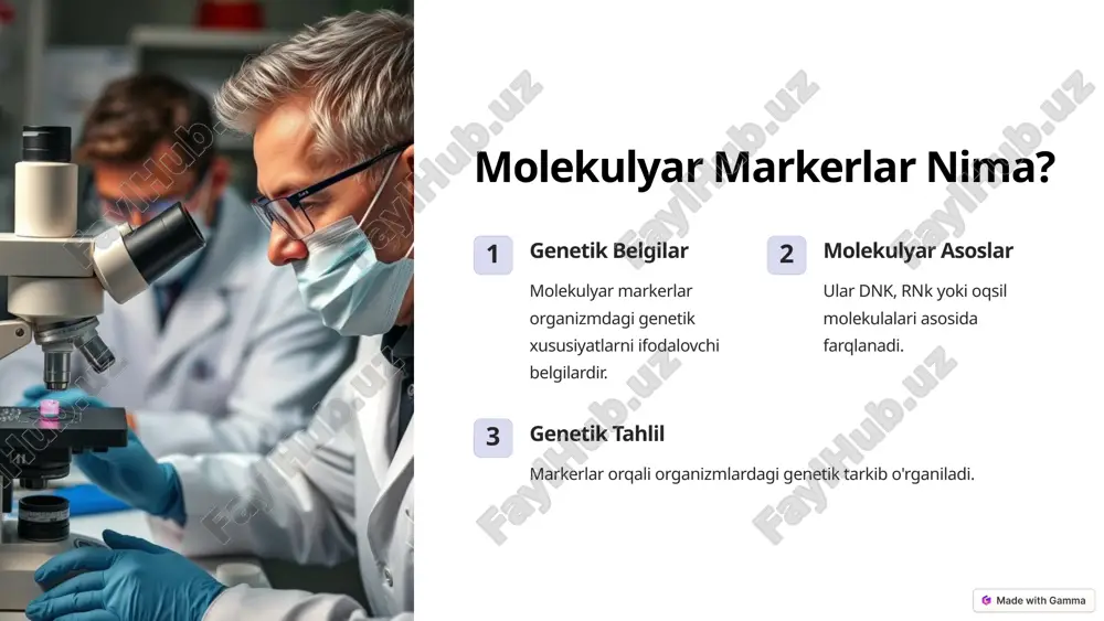 atish. genetik tahlil organizmlardagi genetik tarkibni o'rganish uchun foydalanish. diagnostika kasalliklar va genetik nuqsonlarni aniqlash uchun qo'llash. turlar muhofazasi tabiiy resurslarni asrash va biologik xilma-xillikni saqlash. 8 molekulyar markerlarning tabiiy resurslarni muhofaza qilishdagi ahamiyati taksonomiya organizmlardagi genetik farqlarni aniqlash. populatsiya genetikasi populatsiyalardagi genetik tarkibni baholash. muhofaza turlarni saqlab qolish va biologik xilma-xillikni saqlash. 9 molekulyar markerlarni qo'llashning asosiy tamoyillari maqsadga yo'naltirilganlik markerlar aniq maqsad va ehtiyojlarni qondirishi kerak. ishonchlilik yuksak sifat va takrorlanish darajasiga ega bo'lishi lozim. samaradorlik qo'llanish uchun oson, arzon va tezkor bo'lishi kerak. moslashuvchanlik ko'p turli maqsadlar uchun ishlatilishi mumkin bo'lishi lozim. 10 molekulyar markerlar genomika va biotexnologiya sohalarida keng qo'llaniladigan kuchli vositalardir. ular genetik tahlil va tadqiqotlar, shuningdek, biologik resurslar va navlarning selektsiyasida muhim rol o'ynaydi. molekulyar markerlar orqali o'simliklar va hayvonlar genetikasini tahlil qilish, kasalliklarga qarshi qarshilikni aniqlash, va genetik xilma-xillikni saqlashda katta imkoniyatlar mavjud. molekulyar markerlar, xususan, rapd (random amplified polymorphic dna), ssr (simple …