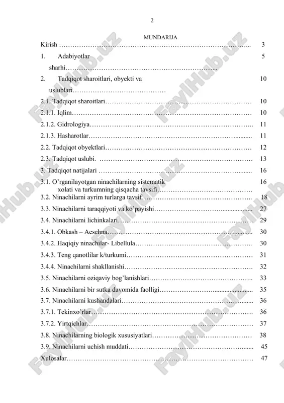 ari……………………………………….. 33 3.6. ninachilarni bir sutka davomida faolligi……………………........................ 35 3.7. ninachilarni kushandalari………………………………………………....... 36 3.7.1. tekinxo’rlar………………………………………………………………. 36 3.7.2. yirtqichlar………………………………………………………………… 37 3.8. ninachilarning biologik xususiyatlari……………………………………… 38 3.9. ninachilarni uchish muddati……………………………………………....... 45 xulosalar………………………………………………………………………… 47 amaliy tavsiyalar……………………………………………………….............. 48 foydalanilgan adabiyotlar………………………………………………………. 49 kirish mavzuning dolzarbligi. hasharotlar orasida, ninachilar morfologik, biologik xususiyatlari bilan, biosenozlarda va umuman ekosistemada o’ziga xos o’rinni egallaydi. shu nuqtai nazardan, ninachilarni turli biologik yo’nalishdagi izlanishlar uchun, qiziqarli ob’yektlardir [23]. oxirgi ma’lumotlarga ko’ra, hozirgi vaqtda 6000 mingga yaqin, ninachilar turlari ma’lum. ular bo’g’inoyoqlilar orasida eng qadimgi guruh bo’lib hisoblanadi. bu hasharotlar 300 million yil oldin paydo bo’lgan, ya’ni ninachisimonlar tosh-ko’mir davrdan ma’lum. boshqa hasharotlandan farqlanib, atrof muhitga morfologik xususiyalari bilan yuqori darajada moslashgan. ixtisoslanishi ikki yo’nalish bo’yicha kuzatiladi, ya’ni havo va suv muhiti. havoda, voyaga yetgan ninachilar yashashga moslashgan bo’lsa; suv muhitda ularni lichinkalari. demak ninachilarni taraqqiyotida rivojlanish jarayonlari almashinadi. [18]. ninachilarni ikki xil muhitda rovojlanishi munosabati tufayli, biogeosenozlardagi moddalar almashinuvida katta hissa …