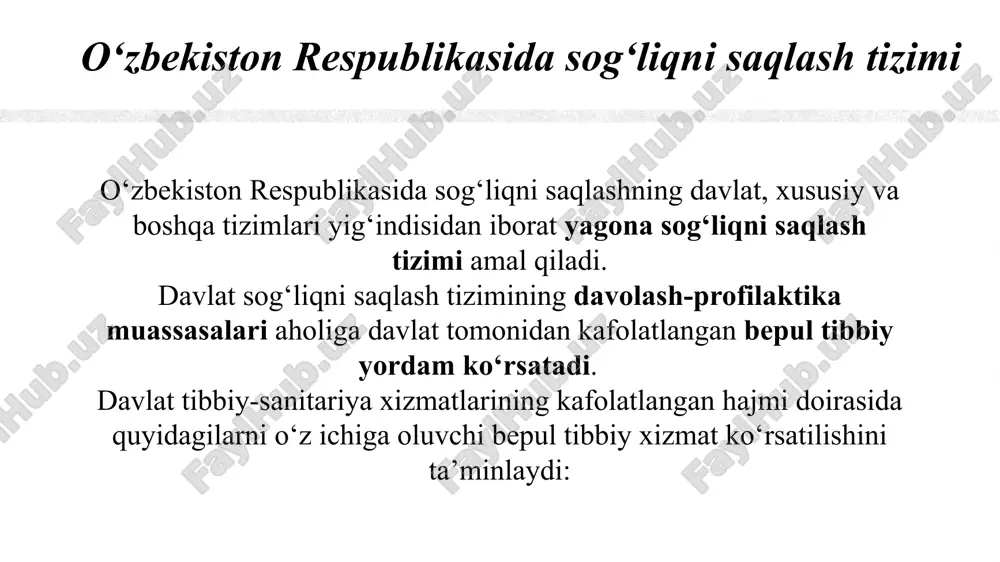 aqlash sohasidagi huquqiy munosabatlar qoraqalpog‘iston respublikasining qonun hujjatlari bilan ham tartibga solinadi. basharti xalqaro shartnomada fuqarolarning sog‘lig‘ini saqlash to‘g‘risidagi qonunchilikdagidan o‘zgacha qoidalar belgilangan bo‘lsa, u holda xalqaro shartnoma qoidalari qo‘llanadi. (1-modda o‘zbekiston respublikasining 2021-yil 21-apreldagi o‘rq-683-sonli qonuni tahririda — qonunchilik ma’lumotlari milliy bazasi, 21.04.2021-y., 03/21/683/0375-son) 4 o‘zbekiston respublikasining qonuni alpine ski house alpine ski house blagodarim za vnimanie! www. alpineskihouse.com svetlana konovalova +1 (589) 555‐01-99 svetlana@alpineskihouse.com alpine ski house 5 alpine ski house © showeet.com — besplatnie shabloni powerpoint 6 alpine ski house nazvanie mojno razmestit zdes zagolovok zagolovok zagolovok zagolovok dobavte syuda soderjimoe dobavte syuda soderjimoe dobavte syuda soderjimoe dobavte syuda soderjimoe dobavte syuda soderjimoe dobavte syuda soderjimoe dobavte syuda soderjimoe dobavte syuda soderjimoe dobavte syuda soderjimoe dobavte syuda soderjimoe dobavte syuda soderjimoe dobavte syuda soderjimoe dobavte syuda soderjimoe dobavte syuda soderjimoe dobavte syuda soderjimoe dobavte syuda soderjimoe dobavte syuda soderjimoe dobavte syuda soderjimoe dobavte syuda soderjimoe dobavte syuda …