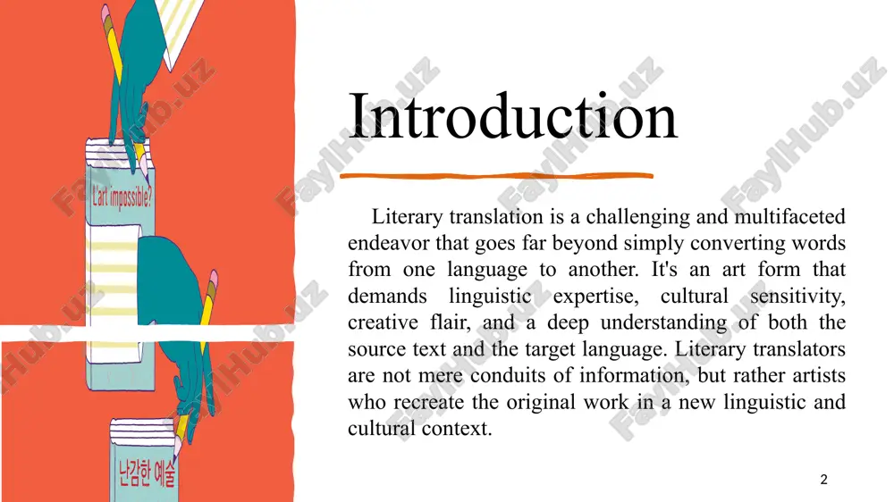 ar individual speaks. in order to properly preserve a character's personality, a translator must be prepared to find the equivalent of an idiolect in their own language. 5 the translator's visibility: the invisible translator: traditionally, translators have been expected to be "invisible," meaning that their work should not draw attention to itself.‍ the translator as co-author: more recently, there has been a growing recognition of the translator's role as a co-author, with their own creative input and interpretation. evaluation of translation quality: subjectivity: evaluating the quality of a literary translation is often subjective, as different readers may have different opinions about what constitutes a good translation. conflicting criteria: different evaluation criteria may conflict with each other. for example, a translation that is highly accurate may not be very readable, and vice versa. particular difficulties arise when source and target languages ​​belong to different cultures. literally accurate translation is not always …