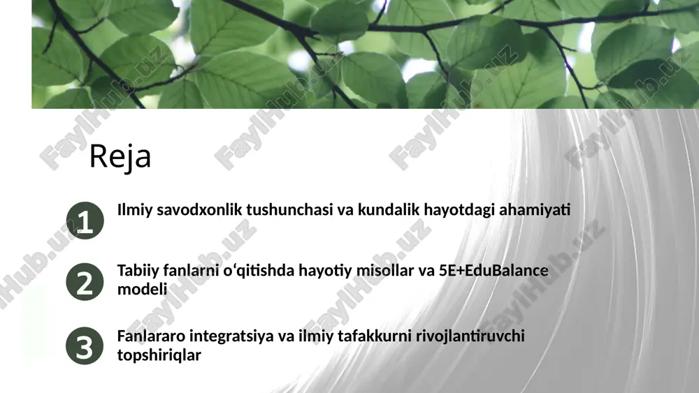 ishi orqali amalga oshadi. • zanglash – temir va kislorod o‘zaro ta’sirlashib, temir oksid hosil qiladigan kimyoviy oksidlanish jarayonidir. • energiya tejash – resurslardan oqilona foydalanish va atrof-muhitni asrashga xizmat qiladi. • hayotiy misollar orqali ilmiy tushunchalarni anglash, nazariy bilimlarni kundalik voqealar bilan bog‘lash ilmiy savodxonlikni oshiradi. • ilmiy savodxonlik hayot sifatini yaxshilashga yordam beradi. 04.26.24 1 2 ilmiy savodxonlikni shakllantirishda 5e modeli va edubalance integratsiyasi model bosqichlari va ularning ilmiy savodxonlikdagi o‘rni 5e modeli bosqichlari: engage (qiziqtirish), explore (o‘rganish), explain (tushuntirish), elaborate (kengaytirish), evaluate (baholash). ushbu bosqichlar o‘quvchilarda faol ishtirok va ilmiy tafakkurni rivojlantiradi. edubalance modeli diqqatni jamlash, hissiy muvozanat va ruhiy tayyorgarlikni o‘z ichiga oladi. bu komponentlar o‘quvchilarning o‘qishga tayyorligini oshiradi va stressni kamaytiradi. 5e va edubalance integratsiyasi o‘quvchilarda ilmiy savodxonlikni kuchaytiradi. hayotiy misollar asosida bilimlarni mustahkamlash va o‘quv jarayonini yanada samarali qilish imkonini beradi. 04.26.24 ilmiy savodxonlikni rivojlantirish uchun metodlar va yondashuvlar hayotdan fan sari metodi kundalik …