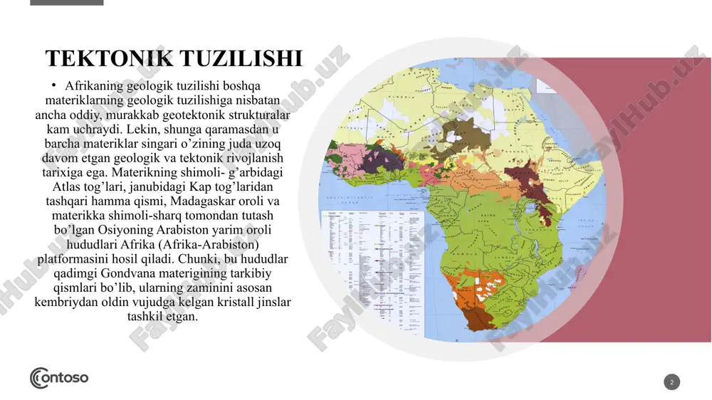 qizil dengiz va adan qo’ltig’i sohillaridan boshlanib, materikning eng janubi-sharqiy hind okeani qirg’oqlarigacha davom etadi. ikkinchi polosa g’arbda gvineya qo’ltig’i va atlantika okeani qirg’oqlari bo’ylab cho’zilgan. bulardan tashqari ayrim mustaqil ko’tarilmalar afrikaning ichki hududlari - sahroi- kabirda, rodeziyada, nil daryosining yuqori qismida uchraydi. bu ko’tarilmalarning yoshini geologlar o’rtacha 2 mlrd. yilga teng deb hisoblashadi. arxey poydevoridan ko’tarilib turgan va yer yuzasiga chiqib qolgan balandliklar kuchli burmalangan, metamorflashgan va intruziv jinslardan tarkib topgan. bularning asosini tashkil etuvchi cho’kindi jinslarning yoshi 2,8-3,3 mlrd. yilga teng bo’lib, ular platformadan oldingi geosinklinal zonada hosil bo’lgan. dastlabki paytda bu jinslar suv osti vulkan lavalari va tuflari, ohaktoshlar, gillar, qumlar bo’lib, arxeyning oxirida kristall va metamorfik jinslarga, slaneslarga, kvarsitlarga va marmarlarga aylangan. 4 geosinklinal zonadagi dengiz sathidan ko’tarilib turgan quruqliklar nurash natijasida yemirilib va yuvilib qumoq, shag’al toshli cho’kindi jinslar hosil qilgan. bu yotqiziqlar platformaning bukilgan joylarini to’ldirib, kristall poydevorning yuza qismini qoplab olgan. keyinchalik bu …