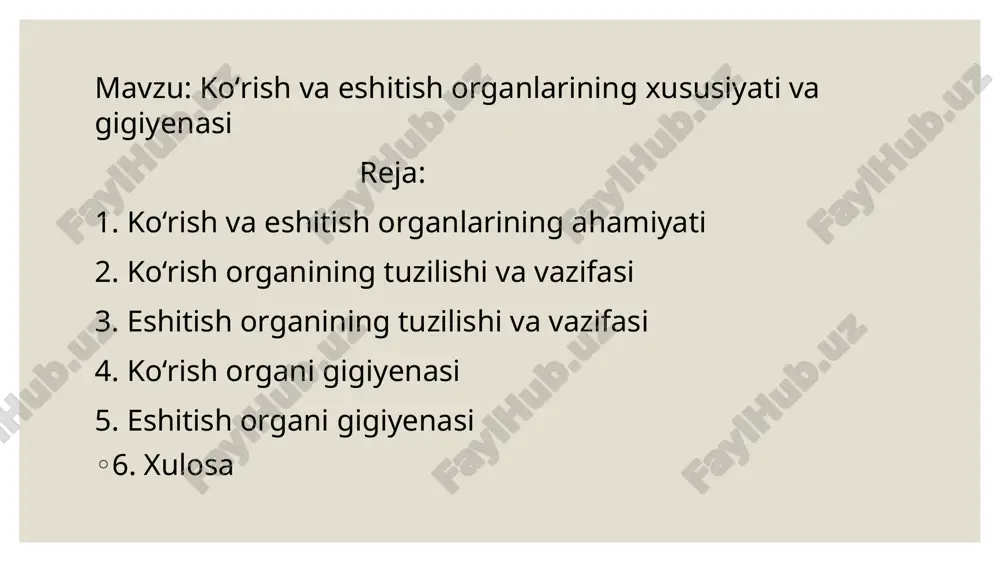 laydi. vazifasi: tovushni qabul qilish, uni miya orqali tahlil qilish va muvozanatni boshqarish. ko‘rish organi gigiyenasi ko‘z sog‘ligini saqlash uchun quyidagi gigiyenik qoidalarga amal qilish kerak: o‘qish va yozish paytida yetarli yorug‘lik bo‘lishi lozim. televizor, telefon, kompyuter ekraniga uzoq vaqt tikilib o‘tirmaslik kerak. kitobni 30–35 sm masofada tutish tavsiya etiladi. ko‘zni ishqalamang va iflos qo‘l bilan tegmang. vitamin a ga boy mahsulotlar (sabzi, jigar, tuxum sarig‘i) iste’mol qilish kerak. ko‘zda qizarish, og‘riq yoki xiralik bo‘lsa, shifokorga murojaat qilish zarur. bu qoidalarga rioya qilish ko‘rish qobiliyatini uzoq muddat sog‘lom saqlaydi. eshitish organi gigiyenasi quloq sog‘ligini saqlash uchun quyidagi gigiyenik qoidalarga amal qilish kerak: quloqni toza tutish, lekin chuqur tozalamaslik, chunki bu quloq pardasiga zarar yetkazishi mumkin. kuchli tovushlar va baland musiqa eshitishdan saqlanish. sovuqda bosh kiyim kiyish, quloqni shamollatmaslik. quloqqa begona narsalar tiqmaslik. suv tushganda, quloqni ehtiyotlik bilan quritish. eshitishda o‘zgarish yoki og‘riq paydo bo‘lsa, shifokorga murojaat qilish zarur. bu gigiyenik …