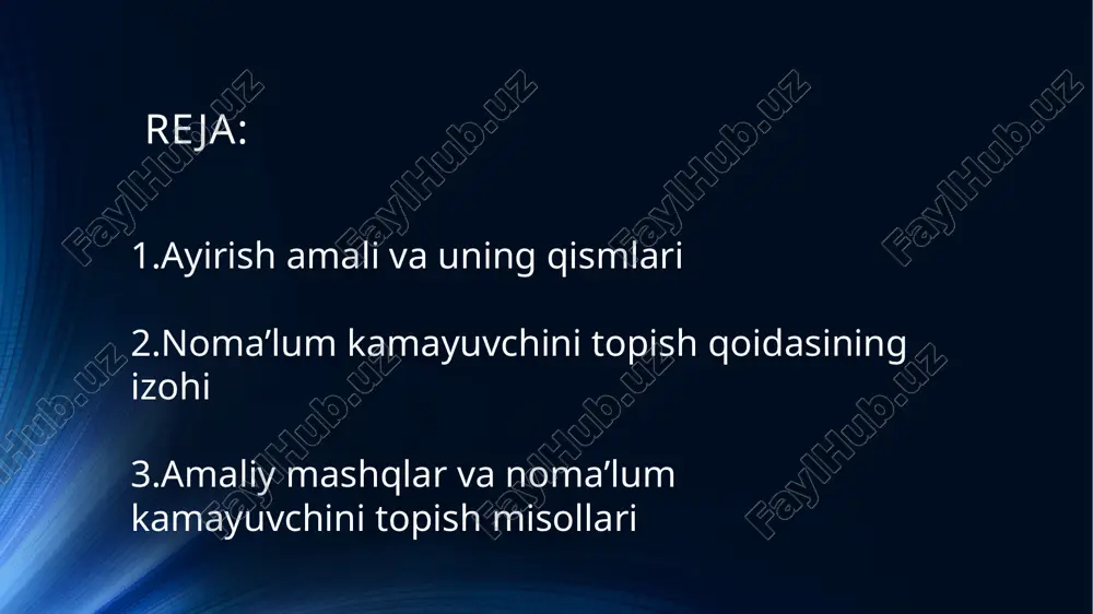 anglashni va teskari amallarni ishlata olish ko‘nikmasini rivojlantiradi. endi bir necha amaliy misollarni ko‘rib chiqamiz: 1-misol: x−14=26x - 14 = 26x−14=26 x=14+26=40x = 14 + 26 = 40x=14+26=40 javob: x=40x = 40x=40 2-misol: x−9=11x - 9 = 11x−9=11 x=9+11=20x = 9 + 11 = 20x=9+11=20 javob: x=20x = 20x=20 3-misol: x−35=15x - 35 = 15x−35=15 x=35+15=50x = 35 + 15 = 50x=35+15=50 javob: x=50x = 50x=50 amaliy mashg‘ulotlar uchun topshiriqlar quyidagi topshiriqlar o‘quvchilarning mustaqil ishlash ko‘nikmasini rivojlantirish uchun mo‘ljallangan: x−17=43x - 17 = 43x−17=43 x−29=21x - 29 = 21x−29=21 x−36=24x - 36 = 24x−36=24 x−10=15x - 10 = 15x−10=15 x−45=20x - 45 = 20x−45=20 har bir masalada o‘quvchi: noma’lum kamayuvchini aniqlaydi, ayiriluvchi va qoldiqni to‘g‘ri ajratadi, qoida asosida javobni topadi. noma’lum kamayuvchini topish mavzusi boshlang‘ich sinf o‘quvchilari uchun arifmetik amallar orasidagi teskari bog‘liqlikni anglashda muhim o‘rin tutadi. bu mavzu orqali o‘quvchilar sonlar orasidagi munosabatni chuqurroq tushunadi, masalalarni tahlil qilish, mantiqan …
