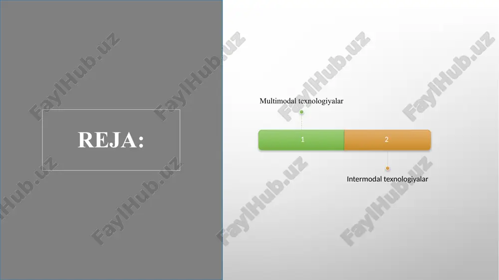 vositasida (tv) bir nechta turdagi transportlarda ketma-ket ravishda tashish. bu yukni egasining ishtirokisiz transportning bir turidan ikkinchisiga yukni qayta yuklash punktlarida yuklarni yetkazib berish tizimi. intermodal tashishda har bir tashuvchi o’z uchastkasi uchun transport hujjatini rasmiylashtiradi va operatorga faqat uning nomidan amalga oshiriladigan qismi uchun javobgar bo’ladi. intermodal va multimodal yuk tashish belgilari: yuk tashishning intermodal va multimodal tizimlarining asosiy tamoyillari quyidagilar: 1 logistik zanjirning boshidan oxirigacha yetkazib berish operatorining mavjudligi; 2 fraxtning yagona, toʼgʼridan-toʼgʼri stavkasi; 3 yuk uchun va yuk tashish shartnomasining bajarilishi uchun yagona javobgarlik. 1 yagona turdagi tijorat-huquqiy tartib; 2 yuk tashishni tashkil etishning moliyaviy-iqtisodiy masalalarini hal etishda tizimli yondashuv; 3 telekommunikatsiya tarmoqlari va elektron hujjatlari aylanmasi tizimidan yuqori darajada foydalanish; 5 4 logistik vositachilarning integratsiyalashuvi; yuk tashish ustidan boshqaruvning yagona tashkiliy-texnologik tamoyili va yuk tashishda ishtirok etuvchi barcha logistik vositachilar harakatlarini muvofiqlashtirish; 6 transport turlari bilan yuk tashish infratuzilmasini kompleks rivojlantirish. foydalanilgan adabiyotlar va internet saytlar: …