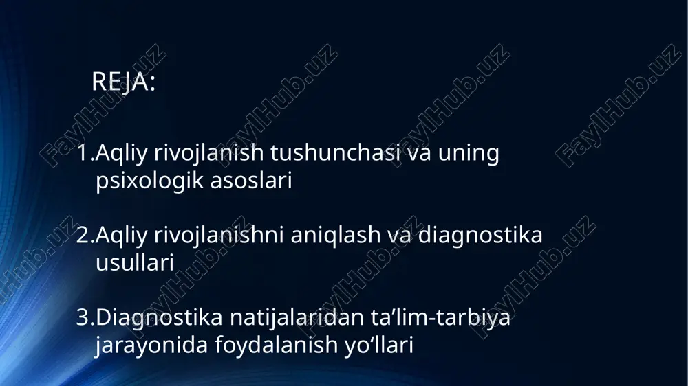 entar bilish jarayonlaridan – idrok, xotira va diqqatdan boshlanadi. ular asta-sekin murakkab tahliliy faoliyatga o‘tadi. maktabda bu jarayon dars jarayonida, ayniqsa, mantiqiy topshiriqlar, muammoli savollar, mustaqil fikrlashni talab qiluvchi mashqlar orqali shakllanadi. o‘qituvchi o‘quvchining fikrlash jarayonini kuzatib, to‘g‘ri yo‘naltira olishi kerak. aqliy faoliyatni rivojlantirishda o‘yinli metodlar, interfaol mashg‘ulotlar, tahliliy vazifalar va guruhli ishlash usullari samarali hisoblanadi. aqliy faoliyatning yuksalishi o‘quvchining o‘zini ifoda etish, mustaqil qaror qabul qilish va ijodiy fikrlash imkoniyatini kengaytiradi. har bir o‘quvchi o‘ziga xos fikrlash darajasiga ega. shu sababli ularning aqliy rivojlanishini aniqlash ta’limda differensial yondashuvni amalga oshirish uchun zarurdir. diagnostika yordamida o‘quvchilarning kuchli va sust jihatlari aniqlanadi. natijada o‘qituvchi ularning imkoniyatlariga mos o‘qitish usullarini tanlaydi. diagnostika shuningdek, o‘quvchilarning tafakkurini chuqur o‘rganish, ularning idrok, mantiqiy fikrlash va xotira darajasini baholash imkonini beradi. bu jarayon o‘quvchining shaxs sifatida o‘sishiga ham ijobiy ta’sir qiladi. shuning uchun har bir maktabda psixologik va pedagogik diagnostika muhim ahamiyat kasb etadi. diagnostika natijalaridan …