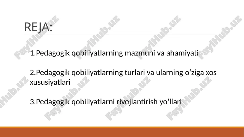 ining oshishiga bevosita ta’sir ko‘rsatadi. pedagogik qobiliyatlarning turlari va ularning o‘ziga xos xususiyatlari pedagogik qobiliyatlarning asosiy turlari mavjud bo‘lib, ular o‘qituvchining faoliyatida turlicha namoyon bo‘ladi. eng birinchi navbatda, didaktik qobiliyat muhim o‘rin tutadi. bu — o‘quvchilarga bilimni sodda, tushunarli va tizimli tarzda yetkazish qobiliyatidir. bunday o‘qituvchi o‘quv materialini to‘g‘ri tanlab, uni o‘quvchilarning yosh xususiyatlariga moslashtira oladi. keyingi muhim tur — tashkiliy qobiliyat, ya’ni o‘quv jarayonini samarali boshqarish, o‘quvchilarning faol ishtirokini ta’minlash, jamoada intizomni saqlashdir. shuningdek, kommunikativ qobiliyat ham pedagog uchun zarur bo‘lib, u o‘qituvchining o‘quvchilar, ota-onalar va hamkasblar bilan to‘g‘ri muloqot o‘rnatish mahoratini ifodalaydi. bu qobiliyatlar o‘zaro uyg‘unlashganda o‘qituvchi faoliyati yanada samarali bo‘ladi. pedagogik qobiliyatlarning yana bir muhim turi — empatik qobiliyatdir. bu o‘qituvchining o‘quvchilarning hissiy kechinmalarini tushunish, ularga hamdard bo‘lish va ruhiy qo‘llab-quvvatlash ko‘nikmasidir. empatik o‘qituvchi o‘quvchilar bilan o‘zaro ishonchli munosabatni shakllantiradi, bu esa ta’lim jarayonida motivatsiyani kuchaytiradi. shuningdek, ijodiy qobiliyat ham o‘ta ahamiyatlidir. ijodiy o‘qituvchi darslarni noodatiy usullar …