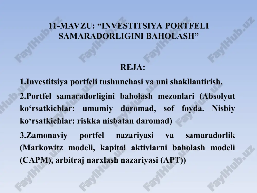 adi: eng samarali va xavfsiz investitsiya loyihalari va moliyaviy vositalarini tanlash orqali korxonaning investitsiya strategiyasini amalga oshirishni ta'minlashdir. investitsion portfelni shakllantirishning maqsad va vazifalariga qarab, unga kiritiladigan aktivlar turlari orasidagi optimal nisbat tanlanadi. investorning asosiy vazifasi o’zining barcha ehtiyojlarini inobatga olgan holda qimmatli qog'ozlar majmuasini kerakli daromadlilik darajasi va maqbul risk darajasini birlashtiradigan tarzda shakllantirishdir. investor tomonidan investitsiya portfelini shakllantirishda bir qancha maqsadlardan birini tanlashi mumkin, ya’ni: -biznes qiymatining o'sishi; -faoliyat doirasini kengaytirish; -foydani ko'paytirish va investitsiya riskini minimallashtirish; -investitsiya portfelining yetarlicha likvidligini ta'minlash; -korxonaning moliyaviy holatini yaxshilash va boshqa maqsadlarni tanlashi mumkin. investitsiyalash maqsadiga qarab portfelning uch turi ajratiladi: o’sish portfeli; daromad portfeli; aralash (kombinatsiyalashgan) portfel. o’sish portfeli – qimmatli qog'ozlar (odatda aksiyalar) hisobidan shakllanadi, ularning asosiy daromad manbai ularning bozor qiymatining o'sishi hisoblanadi. ushbu turdagi portfelning maqsadi portfelning qiymatini oshirishdir. o'sish portfellari, o'z navbatida, bir necha turlarga bo'linadi: • yuqori o'sish portfeli – kapital o'sishini maksimal darajada oshirishga …
