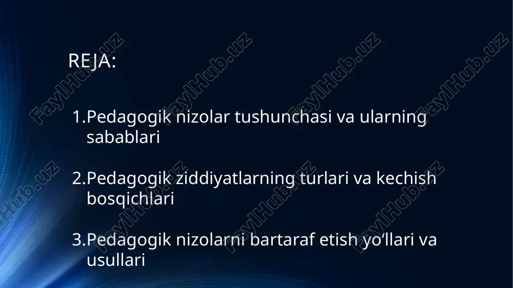 n bosqichda nizo hali to‘liq ifodalanmagan bo‘ladi, lekin norozilik seziladi. ochiq bosqichda esa tomonlar bir-biriga e’tiroz bildiradi, bahs va tushunmovchilik kuchayadi. yechim bosqichida o‘qituvchi pedagogik yondashuv orqali nizo sababini tahlil qilib, murosaga chaqiradi. bu bosqichda muloqot va sabr asosiy rol o‘ynaydi. pedagogik nizolarni bartaraf etish yo‘llari va usullari pedagogik nizolarni bartaraf etishda birinchi qadam — muammoni to‘g‘ri tahlil qilishdir. o‘qituvchi nizoning sababi, kimlar ishtirok etganini va uning oqibatlarini aniqlashi kerak. shundan so‘ng hissiyotlarga berilmasdan, vaziyatni ijobiy yo‘l bilan hal etish choralari ko‘riladi. muhimi, har qanday nizo jarayonida o‘quvchining sha’ni va qadr-qimmatini hurmat qilish zarur. shoshma-shosharlik, jahllanish yoki tanbeh berish vaziyatni yanada og‘irlashtiradi. ziddiyatlarni hal etishning asosiy usullaridan biri — samarali muloqotdir. o‘qituvchi o‘quvchi yoki ota-ona bilan suhbatlashayotganda tinch, ishonchli ohangda gapirish, ularning fikrini tinglash, o‘z nuqtai nazarini muloyimlik bilan bildirish kerak. shuningdek, konfliktologiya fanidan foydalanish, ya’ni nizolarni ilmiy asosda boshqarish ham foydali. o‘qituvchi doimo adolatli, sabrli va diplomatik bo‘lishi lozim. …
