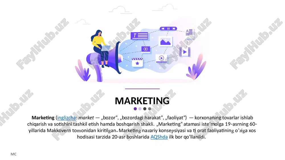 ini bashorat qilish usuli. marketing tahlili usullari korxonaning savdo bo’limi uchun korxona faoliyatiga ta’sir etuvchi asosiy omil sifatida iste’molchilarni o’rganish zarurligiga qaramasdan, an’anaviy marketing konsepsiyasini esdan chiqarmaslik kerak, chunki korxonaning resurs potensiali yangi bozor segmentini shakllantirish, rivojlantirish yoki yangi mahsulotlarni korxona assortimenti tarkibiga kiritish imkoniyatiga mos kelmasligi mumkin. korxonani boshqaruvi oldidagi navbatdagi muhim vazifa yuqoridagi tahlil usullaridan ma’lum bir kerakli usulni tanlab olish hisoblanadi. mc smm social media marketing (smm; ,,ijtimoiy tarmoqlarda marketingʻʻ), mahsulotlar, tovarlar va xizmatlarni ijtimoiy tarmoqlarda tanitish, uni yurgizish. ijtimoiy media marketingi mahsulot va xizmatlarni sotish, mavjud mijozlar bilan muloqot qilish va yangilarini jalb qilish uchun facebook, x platformasi (ilgari twitter) va instagram kabi ijtimoiy tarmoqlar va ijtimoiy tarmoqlardan foydalanadi. hozirgi kunda oʻzbekistonda ham smm rivojlanmoqda. foydalanuvchilar 2019-yilga nisbatan 49% oshdi. 18 milliondan oshiq internet foydalanuvchilar telegram ijtimoiy tarmogʻidan foydalanib kelmoqda. bu raqamga asoslanib aytish mumkinki, telegram oʻzbekistonda eng ommabop ijtimoiy tarmoq deb hisoblash mumkin. xulosa har …