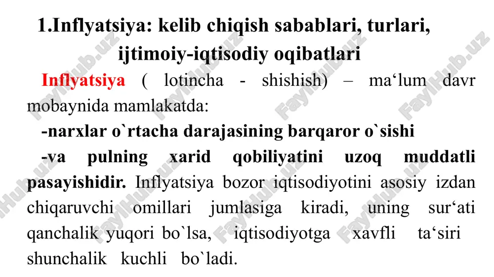 pul emissiyasining amalga oshirilishiga bir nechta sabablar bor. ularning asosiylari quyidagilardir: inflyatsiyani nazorat qilish – pul emissiyasi inflyatsiyaning oldini olish yoki uni boshqarish maqsadida amalga oshiriladi. bu, o‘z navbatida, iqtisodiy barqarorlikni saqlashga yordam beradi. byudjet defitsitini moliyalashtirish – davlatning moliyaviy ehtiyojlarini qoplash uchun pul chiqarilishi mumkin. iqtisodiy o‘sishni qo‘llab-quvvatlash – pul massa miqdorining oshirilishi iqtisodiy faoliyatni rag‘batlantirish uchun amalga oshiriladi, ayniqsa qisqa muddatda iqtisodiy o‘sishni qo‘llab-quvvatlash maqsadida. tashqi qarzlarni to‘lash – ba'zi hollarda davlat tashqi qarzlarini to‘lash uchun pul emissiyasiga murojaat qilishi mumkin. o‘zgarayotgan iqtisodiy sharoitlarga javob berish – yangi iqtisodiy sharoitlarga moslashish uchun pul emissiyasi amalga oshiriladi. valyuta zaxiralarini ko‘paytirish – davlat o‘zining valyuta zaxiralarini ko‘paytirish uchun pul emissiyasini amalga oshirishi mumkin. 2.davlat byudjeti defitsiti, ya‘ni davlatning xarajatlari uning daromadlaridan oshib ketgan holatda ham inflyatsiya jarayoni vujudga keladi. bunday holatni vujudga kelishining asosiy sabablaridan biri davlat bajaradigan vazifalar bilan bog`liq bo`lgan noishlab chiqarish xarajatlari: -harbiy xarajatlar, -ta‘limga, -ijtimoiy dasturlar …