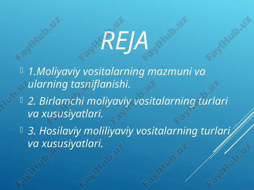 tlik xususiyati bevosita va bilvosita, real va nisbiy bo‘lishi mumkin. moliyaviy vositalarning tovarliligi xususiyati uni boshqa turdagi tovarlardan (ko‘chmas va intellektual mulk, xom ashyo va shu kabilar) farqli kimningdir (iqtisodiyot sub’ektlari) tomonidan chiqarilishi, moliya bozorida muomalada bo‘lishi, unda maxsus funksiyalarni bajarishi bilan belgilanadi. zamonaviy moliya bozori moliyaviy instrumentlarning turli hillari bilan mujassamlashgan bo‘lib, ularni bir necha belgilar asosida tasnif-lashni taqazo etadi. muomalaga chiqarilishi maqsadi – to‘lov va pul aylanmasi (oboroti) uzluksizligini ta’minlash, investitsiyalarni jalb qilish va ular bo‘yicha daromad olish bo‘yicha, mos ravishda: kredit-pul siyosatini amalga oshirishning qarz munosabatlarini mujassamlashtiruvchi moliyaviy instrumentlar (davlat va bank instrumentlari), qarz (davlat va korporativ maqsadda) va ulush (korporativ maqsadda) munosabatlarini ifodalovchi investitsion moliyaviy instrumentlar. moliyaviy instrumentlar tasnifi moliya bozorining segmenti bo‘yicha: pul, kredit, valyuta, sug‘urta, lotereya o‘yinlari, qimmatli qog‘ozlar (fond, kapital) bozorlari instrumentlari. milliyligi bo‘yicha: milliy, horijiy va halqaro moliyaviy instrumentlar. iqtisodiyotning aniq sub’ektiga ko‘ra: davlat boshqaruvi va hokimiyatlari, banklar-kredit muassasalari, sug‘urta tashkilotlari, birjalar, …