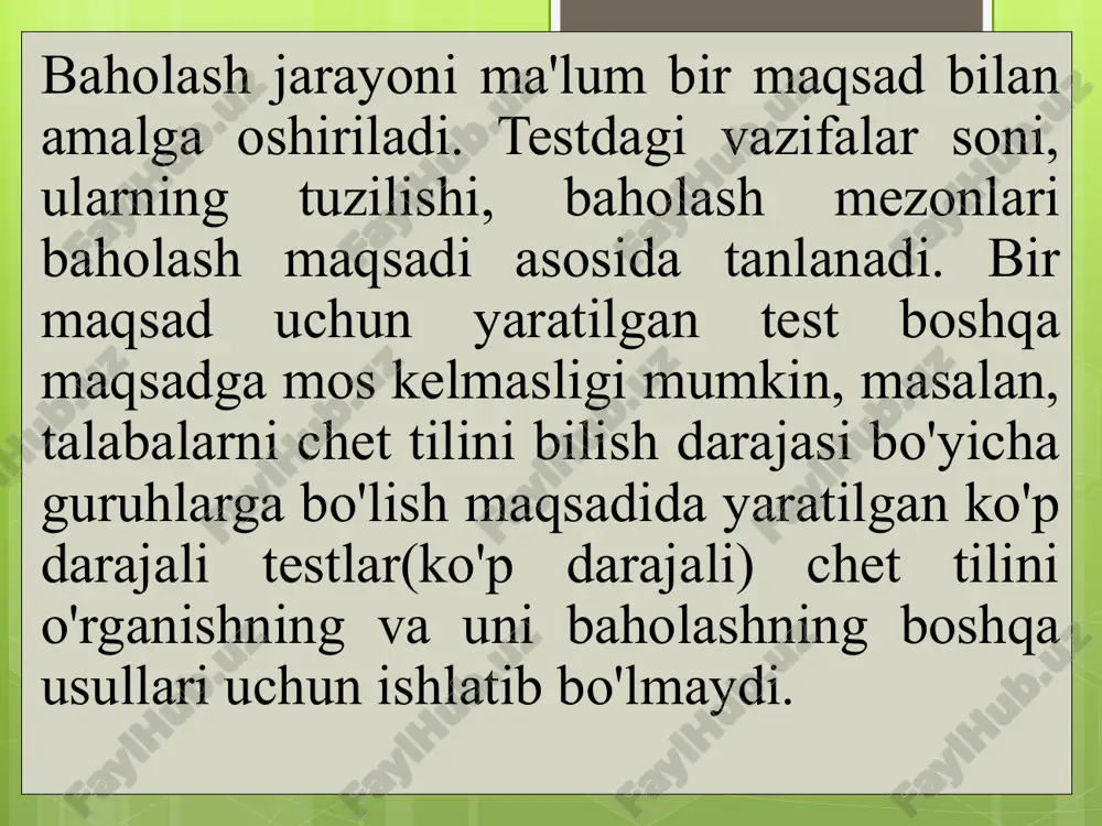 qlash va h. k.; - ta'lim muassasasi: talabani keyingi ta'lim darajasiga o'tkazish to'g'risida qaror qabul qilish; talabaga ta'lim muassasasini tugatganligi to'g'risida hujjat berish yoki bermaslik to'g'risida qaror qabul qilish va boshqalar.; b) ta’lim beruvchi (o‘qituvchi, ta’lim muassasasi), ta’lim yo‘nalishi (dasturi) yoki ta’lim tizimiga baho berish: bunday baho berish ichki (ta’lim muassasasi tomonidan o‘tkaziladigan) yoki tashqi (ta’lim sifatini nazorat qiluvchi davlat yoki nodavlat tashkilotlari tomonidan o‘tkaziladigan) bo‘lishi mumkin. bunday baholash jarayoniga barcha ta’lim oluvchilar qamrab olinmasdan, ta’lim oluvchilarning ma’lum bir qismini baholash orqali o‘qituvchi, ta’lim muassasasi, ta’lim yo‘nalishi yoki butun boshli ta’lim tizimi qay darajada samarali ishlayotgani haqida xulosalar chiqarilishi mumkin. ushbu xulosalar, o'z navbatida, muayyan harakatlar uchun asos bo'lib xizmat qiladi: masalan: o'qituvchilar faoliyati to'g'risida xulosalar chiqarish (o'qituvchilar, ta'lim muassasasi, ta'lim muassasasi rahbariyati); ta'lim dasturlariga o'zgartirishlar kiritish; ta'lim muassasasi faoliyatiga o'zgartirishlar kiritish yoki uni yopish; ta'lim tizimini isloh qilish va boshqalar. tanlov: baholash natijasida olingan xulosalar test topshiruvchilarni tanlash (saralash) …