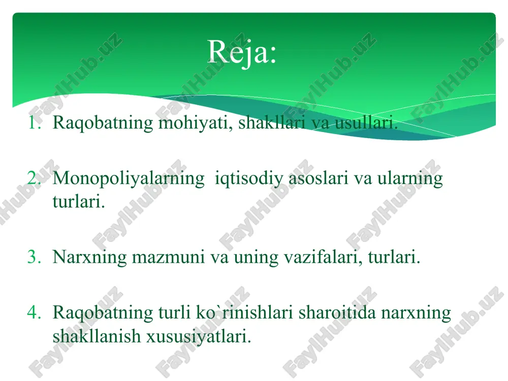 iga yo`l qo`ymaslikka yo`naltirilgan. 4 raqobat shakllari: 1. ishlab chiqaruvchilarning bozordagi mavqeiga ko`ra sof yoki erkin raqobat; sof monopoliya; monopolistik raqobat; oligopoliya. 2. miqyosiga ko`ra: tarmoqlar ichidagi raqobat; tarmoqlar o`rtasidagi raqobat; millliy xo`jalik doirasidagi raqobat; jahon xo`jaligi doirasidagi raqobat. 3. sodir bo`lish xarakteriga ko`ra tartibsiz (stixiyali) raqobat; tartibga solinadigan raqobat 4. amalga oshirish usuliga ko`ra: narx vositasidagi raqobat; narxsiz raqobat. 5. amalga oshirish yo`liga ko`ra: xalol raqobat; g`irrom raqobat. ishlab chiqaruvchi (sotuvchi) larning bozordagi mavqeini belgilab beruvchi omillar: ishlab chiqaruvchi (sotuvchilar) soni. to`siqlarning mavjudlik darajasi (bozorga kirish va undan chiqib ketish). sof raqobat sof monopoliya monopolistik raqobat oligapoliya 1.ishlab chiqaruvchi (sotuvchilar) soni juda ko`p yagona nisbatan ko`proq kam sonli 2. to`siqlarning mavjudlik darajasi mavjud emas katta, taqiqlash bilan barobar unchalik katta emas katta raqobat shakllari asosiy belgilar tarmoq ichidagi raqobat – mahsulot ishlab chiqarish va sotishda qulay sharoitga ega bo`lish uchun bir tarmoq korxonalar o`rtasida boradi. tarmoq ichidagi raqobat natijasida …