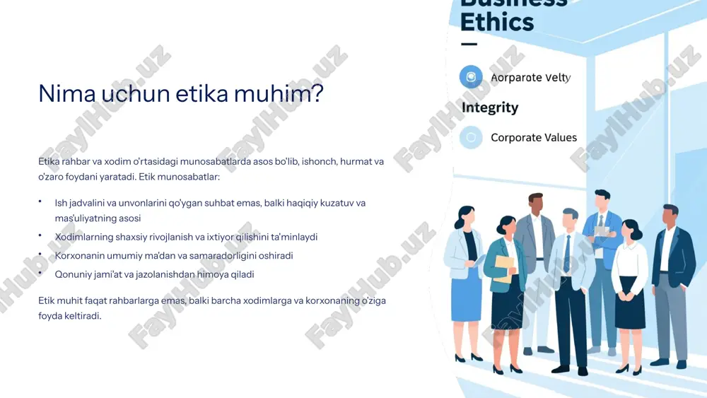 dimlarning fikr va taksiflarini haqiqatan tinglash, ularning fikrlarini qayd qilish ish-hayot balansi xodimlarning shaxsiy hayoti va bolalari bilan vaqtini niqoh qilishga ruxsat berish maxfiylik va daxlsizlik: shaxsiy ma'lumotlarni himoya qilish xodimlarning shaxsiy ma'lumotlari va salomatlik holati maxfiy bo'lishi kerak. rahbarlarning mas'uliyatlari: sog'liq holati, oila vaziyati va shaxsiy muammolarni maksaddan tashqari e'lon qilmaslik xodimlarning bank ma'lumoti, pasportlari va boshqa xususiy hujjatlarini maxfiy joyda saqlash ish emas, balki shaxsiy masalalar bo'ylab xodimlarni ta'nqid qilmaslik qonuniy asoslar bo'lmasa, xodimlarning mobil telefonlari, pochta va boshqa tadbirlarini tusman qilmaslik konfliktlarni hal qilish: etik yondashuvlar rahbar va xodim o'rtasida konfliktlar tug'ilganda, etik hal qilish tamoyillari juda muhim: 01 muammo aniqlash konfliktning sabab-natijasini chuqur tushunish va barcha tomonlarning fikrlarini yig'ish 02 shaffoflik va to'g'rilik imkoniyat qadar oraliq vositachisiz muammoni hal qilish, agar bo'lsa shunga ko'ra mehanatni davom etish 03 ularni bo'lishi bo'lmagan qaror qabul qilish ikkala tomonning manfaatini ham hisobga olgan, shuningdek korxonaning manfaatini to'g'ri muvozanali qaror …