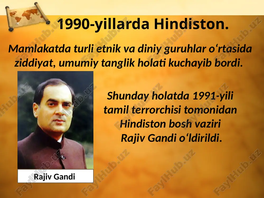 hli asos hisoblanadi. tashqi siyosatda hindistonning bosh maqsadi dunyoning yetakchi davlatlaridan biriga aylanishdir. xxi asrda ham hindiston tashqi siyosati an’anaviy yo‘nalishda davom etmoqda. savol va topshiriqlar 1. narasimxa rao hukumati amalga oshirgan islohotlar natijasida hindiston 1990-yillari qanday yutuqlarga erishdi? 2. a.b.vajpai hukumati qanday muhim tadbirlarni amalga oshirdi? 3. hindiston xxi asrda qanday yutuqlarga erishishni maqsad qilib rivojlanmoqda? 4. xxi asrda hind jamiyati oldida qanday dolzarb muammolar turibdi? image2.jpeg image3.jpeg image4.emf image5.jpeg image6.jpeg image7.jpeg image8.jpeg image9.jpg image10.emf image11.png image12.jpeg image13.emf image14.jpeg image15.jpeg image16.jpeg image17.jpeg image18.jpeg image1.jpeg /docprops/thumbnail.jpeg