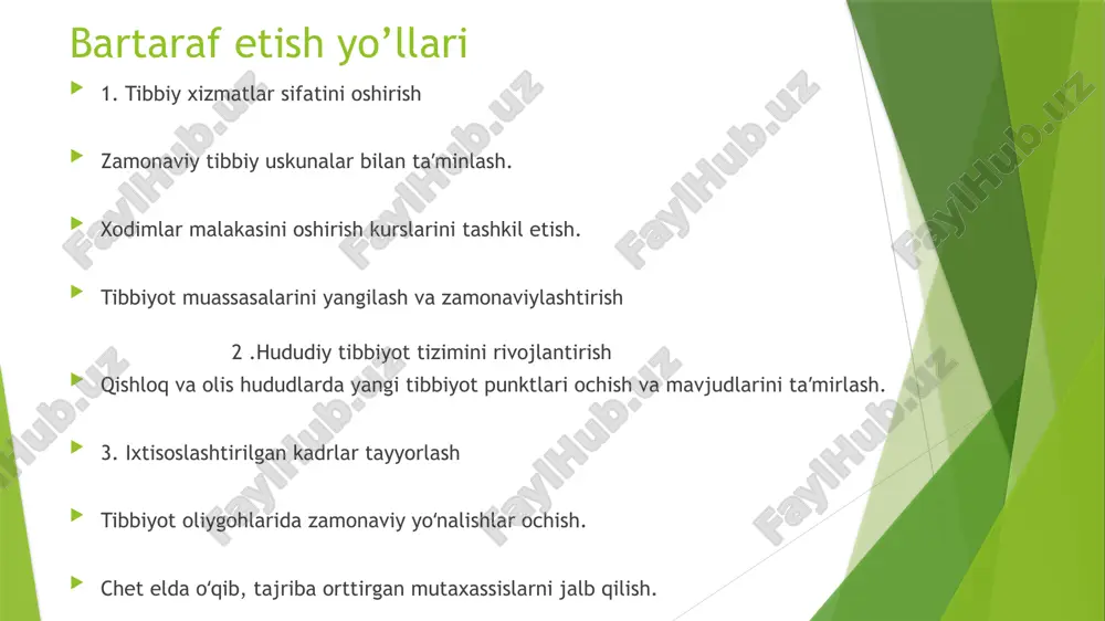 ish holatlari. bartaraf etish choralari va takliflar 1. tibbiy xizmatlar sifati va qulayligini oshirish zamonaviy diagnostika va davolash texnologiyalarini joriy qilish. shifokor va tibbiyot xodimlari malakasini oshirish dasturlarini kengaytirish. tibbiyot muassasalari uchun xizmat ko‘rsatish standartlarini ishlab chiqish. 2. moddiy-texnik bazani yangilash qishloq va tuman poliklinikalarini kapital ta’mirlash va yangi zamonaviy uskunalar bilan jihozlash. davlat va xususiy sheriklik asosida yangi klinikalar ochish. 3. ixtisoslashgan kadrlar tayyorlash va jalb qilish tibbiyot oliygohlarida zamonaviy, talab yuqori ixtisosliklar bo‘yicha yo‘nalishlar ochish. chet elda tahsil olib qaytgan mutaxassislarni rag‘batlantirish. yosh tibbiyot xodimlarini viloyat va qishloq hududlarida ishlashga jalb qilish uchun imtiyoz va rag‘batlar berish. 4. profilaktika ishlarini kuchaytirish sog‘lom ovqatlanish va sport tadbirlarini ommalashtirish. tez-tez tibbiy ko‘rik va sog‘lom turmush targ‘ibotini yo‘lga qo‘yish. aholi uchun bepul sog‘liqni tekshirish kunlarini tashkil etish. 5. raqamlashtirish va elektron tizimlarni rivojlantirish elektron tibbiy kartalarni joriy qilish. masofaviy tibbiy maslahat xizmatlarini yo‘lga qo‘yish. yagona elektron sog‘liqni saqlash platformasi yaratish. xulosa …