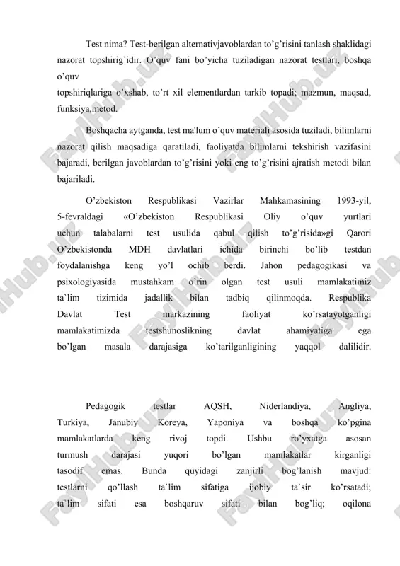 inchi marta 1864 yilda buyuk britaniyada j.fisher tomonidan talabalarning bilim darajasini tekshirish uchun qo’llanilgan. test sinovlarining nazariy asoslarini keyinchalik ingliz psixologi f.gamelton ishlab chiqdi. test sinovlari dastlab psixologiya fani doirasida rivojlandi. xx asr boshida esa test sinovlarini ishlab chiqishda psixologik va pedagogik yo’nalishlar birbiridan mustaqil ajrala boshladi. pedagogik test sinovlari birinchi marta amerikalik psixolog e torndayk tomonidan yaratilgan. psixologiya va pedagogikada test sinovlarining rivojlanishi matematik uslublar ham qo’llashni taqozo qildi. bunday uslublar o’z navbatida testlarni ishlab chiqishga ijobiy ta`sir ko’rsatdi. xix asr oxiri xx asr boshlarida test sinovlariga talabalarning o’quv qobiliyatlarini baholash vositasi sifatida qarash ancha kuchaydi. aynan shu davrdan boshlab test sinovlari ikki asosiy yo’nalish: aqliy (intellektual) rivojlanish darajasini aniqlash testlarini yaratish va qo’llash hamda talabalarning o’qish qobiliyatlarini va bilimlarini baholashga mo’ljallangan pedagogik testlarni yaratish va ulardan foydalanish sohalari rivojlana boshladi. test tuzuvchilar turli odamlarda ta`sirga javob berish vaqti bir xil emasligini aniqladilar, bu esa odamlarning aqliy qobiliyatlarini o’rganish …