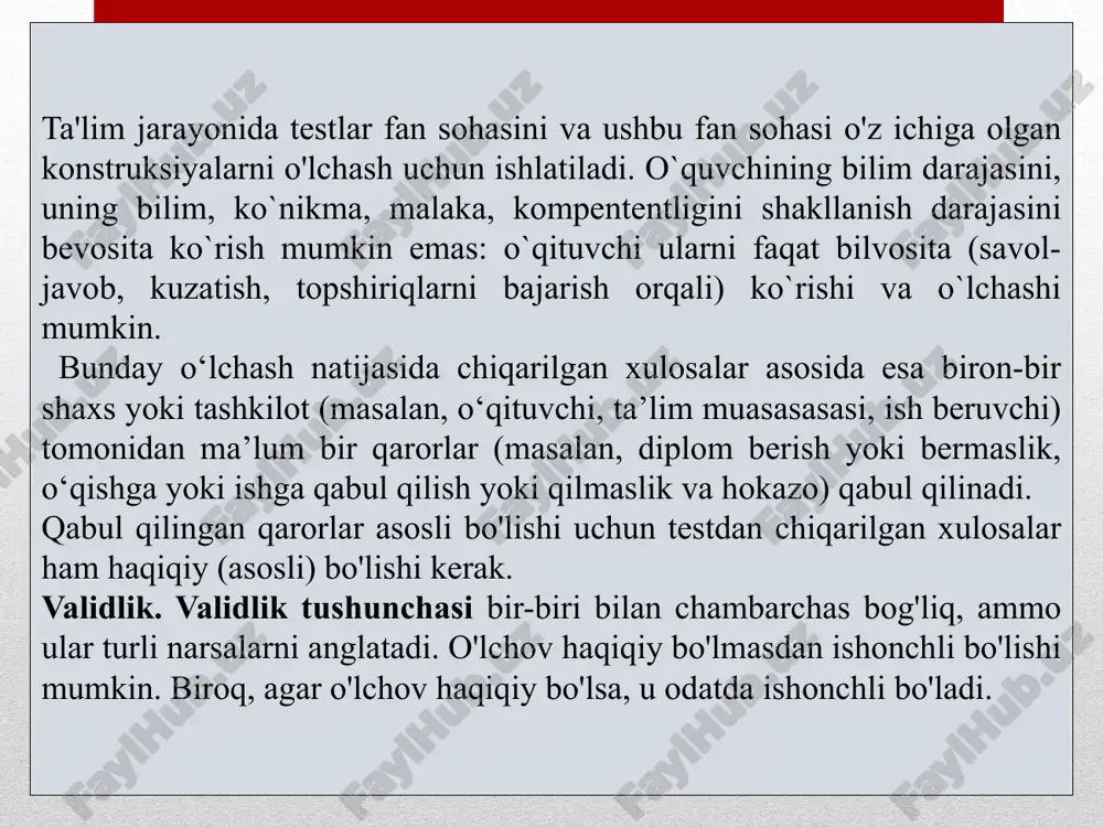 ilan aloqasiga asoslangan dalillar; - test natijalari bilan bog'liq dalillar. xulosalarni to'g'ri deb aytish uchun bizga dalil kerak. ushbu dalillar quyidagilar bo'lishi mumkin: - test mazmuniga oid dalillar; - test topshiruvchilari tomonidan test topshiriqlarini bajarish jarayoniga oid dalillar; - testning ichki tuzilishiga oid dalillar; - testning boshqa o'zgaruvchilar bilan aloqasiga asoslangan dalillar; - test natijalari bilan bog'liq dalillar. validatsiya - bu testdan olingan xulosalarning to'g'riligini tasdiqlovchi ilmiy dalillarni asoslovchi jarayoni. shunday qilib, haqiqiylik: - testning o'ziga xos xususiyati emas: testning o'zi valid (asoslangan) yoki noto'g'ri (asoslanmagan), ammo testdan chiqarilgan xulosalar haqiqiy (asoslangan) yoki haqiqiy emas (noto'g'ri) bo'lishi mumkin; - test natijalari talqinga bog'liq - testning maqsadi nima edi va test natijalari nimani ko'rsatmoqda deb o'ylaymiz? - nisbiy tushuncha: test natijasida qilingan xulosalarimiz u yoki bu darajada to'g'ri yoki noto'g'ri bo'lishi mumkin va mutaxassislarning vazifasi bu xulosalarni iloji boricha ishonchli qilishdir. ishonchlilik-bu o'lchash moslamasi tomonidan olingan natijalarning barqarorligi. ishonchlilik haqiqiylikning muhim …