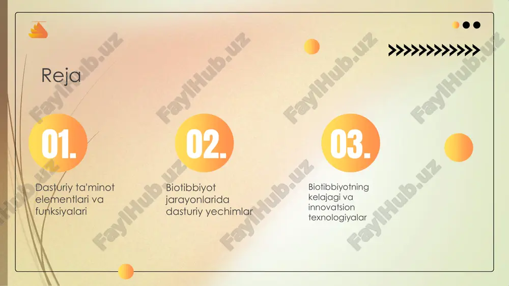 sturlari klinik tajribalarni o'tkazish va ularning natijalarini baholashda muhimdir. bunday dasturlar tadqiqot jarayonlarini tezlashtirib, natijalarni aniqroq olish imkonini beradi. biotibbiyotda dasturiy ta'minotdan foydalanish, sog'liqni saqlash sohasida inqilobiy o'zgarishlarga olib kelmoqda. biotibbiyot jarayonlarida dasturiy yechimlar biotibbiyot jarayonlari va ahamiyati biotibbiyot jarayonlari sog'liqni saqlash va kasalliklarni davolashda muhim ahamiyatga ega. dasturiy yechimlar bu jarayonlarni yanada samarali va tezkor o'tkazishga yordam berib, ularning sifatini oshiradi. dasturiy yechimlarning ta'siri dasturiy yechimlar biotibbiyot sohasida ma'lumotlarni boshqarish va tahlil qilishni osonlashtiradi. bu yechimlar klinik jarayonlarni avtomatlashtirish, diagnostika va davolashni optimallashtirishda qo'llaniladi. jarayonlarni optimallashtirish dasturiy yechimlar jarayonlarni optimallashtirishda vaqt va resurslardan samarali foydalanishni ta'minlaydi. bunday optimallashtirish natijasida bemorlar uchun xizmatlar tezroq ko'rsatiladi va sifatli natijalar olinadi. misollar masalan, sun'iy intellekt asosida ishlaydigan dasturiy yechimlar, bemorlarni tez va aniq diagnostika qilishda yordam beradi. bu esa davolash jarayonlarini yanada samarali qiladi. 01. 02. 03. biotibbiyot dasturiy yechimlari biotibbiyot jarayonlarida turli dasturiy yechimlar qo'llaniladi. quyida bu yechimlarga misollar keltirilgan: elektron …