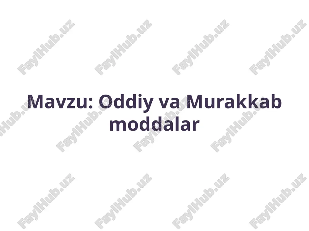 dalar hosil qiladi. fosfor- qizil, oq, qora fosforni hosil qiladi. kislorod-kislorod va ozon oddiy moddalarni hosil qiladi va hokozo. allotoropiya hodisasi oddiy modda va element orasidagi farqni ko’rgazmali tarzda ko’rsatish imkonini yaratadi. masalan, uglerod kimyoviy element, yaniy bir turdagi atomlar uyushmasidir. uning xossalari faqat o’zi uchun xos va o’zgarmas bo’ladi. lekin, oddiy qorq qalam-grafik va qimmatbaho tosh-olmos o’rtasidagi farq juda sezilarlidir. grafik va olmos uglerod elementining allotropik shakl o’zgarishlari bo’lib, ulardan birini ikkinchisiga aylantirish mumkin, bunday holda ularning xossalari keskin o’zgaradi. xosssi farq qilgan uchun tiurli modda sifatida qabul qilinishga qaramasdan ularning tarkibiy asoslari bir xil- uglerod atomlardir. bir-biridan farq qiluvchi bu ikki oddiy modda bitta elament atomlaridan iborat ekanligini ularning kislorodga munosabatidan bilinishi mumkin, havo yoki kislorodli muhitida ular ikkisi ham yonib, bitta gaz-korbonat angidiridini hosil qiladi. korbanat angidriuchun murakkab moddalarga turli elementlar atomlaridn tuzilgan va suning uchun murakkab moddalarga mansubdir. murakkab moddalarning soni bir necha miliondan ortiqdir. moddaning …