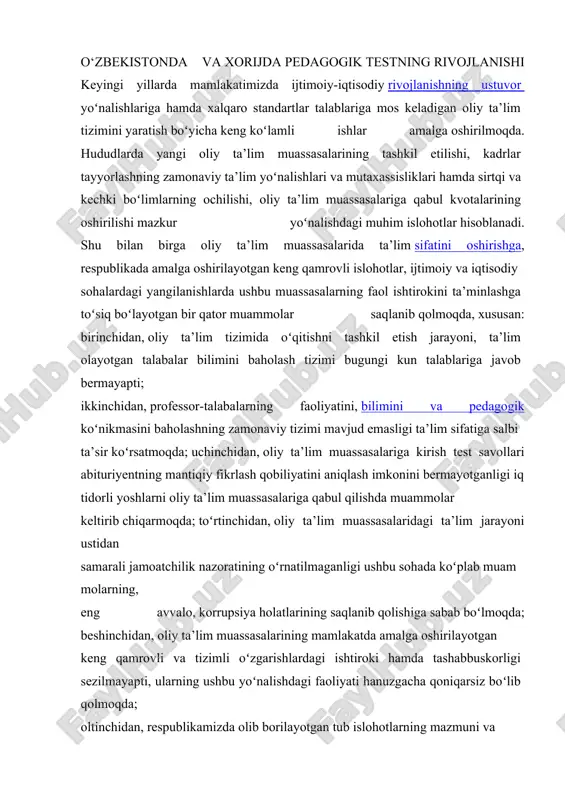 atilmaganligi ushbu sohada koʻplab muammolarning, eng avvalo, korrupsiya holatlarining saqlanib qolishiga sabab boʻlmoqda; beshinchidan, oliy ta’lim muassasalarining mamlakatda amalga oshirilayotgan keng qamrovli va tizimli oʻzgarishlardagi ishtiroki hamda tashabbuskorligi sezilmayapti, ularning ushbu yoʻnalishdagi faoliyati hanuzgacha qoniqarsiz boʻlib qolmoqda; oltinchidan, respublikamizda olib borilayotgan tub islohotlarning mazmuni va mohiyatini ommaviy axborot vositalari orqali xalqimizga, keng jamoatchilikka tushuntirishda oliy ta’lim muassasalarining faol ishtiroki yoʻlga qoʻyilmagan; yettinchidan, oliy ta’lim muassasalari innovatsion va texnologik g‘oyalar bilan fikr almashadigan muloqot markazlariga aylanmagan, tegishli sohalarda mavjud muammo va kamchiliklarni tizimli oʻrganish, tahlil qilish va ularning yechimi boʻyicha taklif kiritish borasida professor-talabalar, yosh olimlar va talabalarning tashabbus koʻrsatishlari uchun zarur shart-sharoitlar yaratish lozim. oʻzbekiston respublikasi prezidentining 2019 yil uchun moʻljallangan eng muhim ustuvor vazifalar toʻg‘risidagi oliy majlisga murojaatnomasida ham dolzab masalalar qatorida ilm-fan va ta'lim, ta'lim va ijtimoiy-iqtisodiy hayot munosabatlariga alohida urg‘u berilganligi bejiz emas. modomiki, ta'lim tiziminin markazida inson kapitali, uni toʻg‘ri taqsimlash, undan samarali foydalanish va maqsadli …