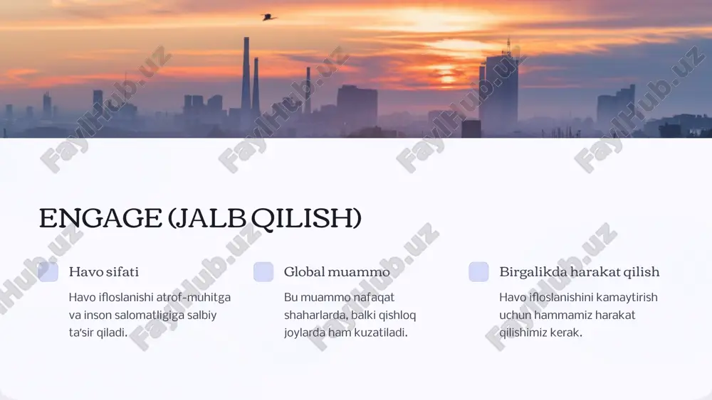 qon tomir kasalliklari, saraton va boshqa salomatlik muammolariga olib kelishi mumkin. bu kasalliklar nafas olishni qiyinlashtiradi, charchoqni kuchaytiradi va umumiy sog'liqni yomonlashtiradi. 6 tushuntirish atmosfera havosining ifloslanishi global muammo boʻlib, u turli omillar tomonidan kuchayadi. koʻpincha ifloslantiruvchi moddalar - bu sanoat va avtotransport faoliyati natijasida chiqadi. ishlab chiqarish korxonalari va avtomobillar emissiyasi havoga zararli gazlar va zarracha moddalarni chiqaradi. yana bir omil - bu qishloq xoʻjaligi faoliyati. pestitsidlar, gerbitsidlar va oʻgʻitlarning foydalanishi havo ifloslanishiga salbiy taʼsir koʻrsatadi. bundan tashqari, oʻrmonlarning kesilishi va yonishi ham havoda ifloslantiruvchi moddalarning miqdorini oshiradi. havoning ifloslanishi inson salomatligiga salbiy taʼsir koʻrsatadi, nafas olish kasalliklari, yurak-qon tomir kasalliklari, saraton va boshqa kasalliklarning rivojlanish xavfini oshiradi. shu sababli, havoni ifloslantiruvchi moddalarning miqdorini kamaytirishga qaratilgan choralarni koʻrish muhimdir. 7 atmosfera havosini tozalash uchun qo'llaniladigan texnologiyalar havo tozalash filtrlar havo tozalash filtrlar chang, zararli gazlar va boshqa ifloslantiruvchi moddalarni tozalash uchun ishlatiladi. ular turli shakl va o'lchamlarda mavjud. elektrostatik …
