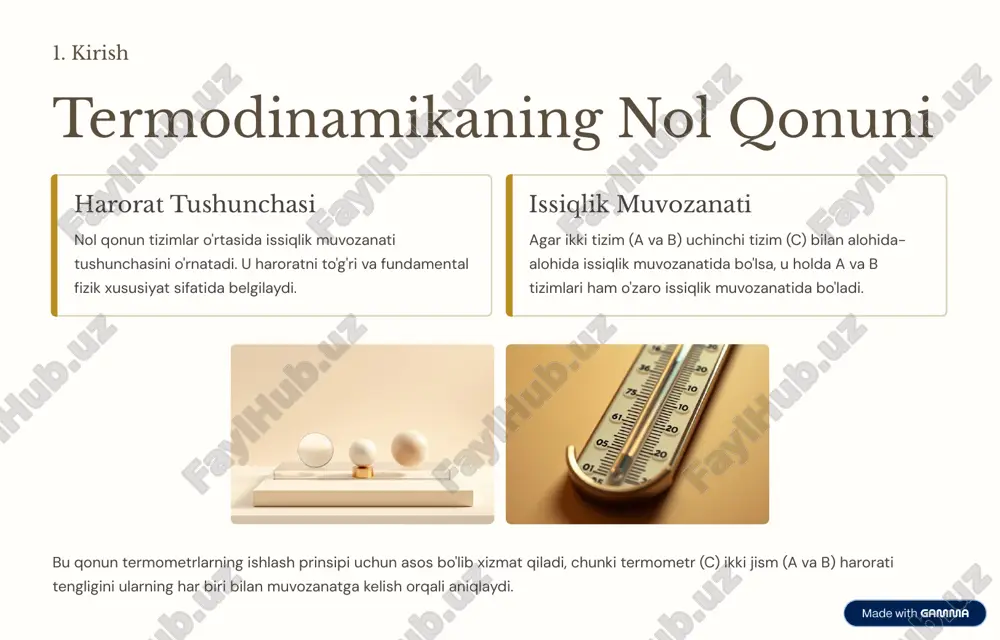 ji yo'qligini bildiradi. 3 muhim ilova bu qonun kimyoviy reaksiyalarning va materiallarning juda past haroratlardagi xususiyatlarini tushunish uchun fundamental ahamiyatga ega. https://gamma.app/?utm_source=made-with-gamma termodinamika qonunlarining amaliy qo'llanishi termodinamika qonunlari nafaqat nazariy fizika, balki zamonaviy hayotimizning barcha jabhalarida muhim rol o'ynaydi. issiqlik mashinalari avtomobil dvigatellari, bug' turbinalari va elektr stansiyalari (birinchi va ikkinchi qonunlarga asoslanadi). sovutish tizimlari muzlatgichlar va konditsionerlar. issiqlikni sovuqroq joydan issiqroq joyga o'tkazish uchun ishlatiladi (ikkinchi qonun). kimyoviy reaksiyalar reaksiyalarning o'z-o'zidan sodir bo'lish yo'nalishini va ularning chiqishini bashorat qilish (gibbs energiyasi va entropiya). energetika energiyani tejash, qayta tiklanadigan energiya manbalari va tizimlar samaradorligini optimallashtirish. https://gamma.app/?utm_source=made-with-gamma termodinamika qonunlari va zamonaviy texnologiyalar quyosh energiyasi quyosh panellarining maksimal samaradorligi termodinamik cheklovlar, xususan, karno sikli tomonidan belgilanadi. axborot nazariyasi landauer prinsipi - ma'lumotlarni o'chirish paytida issiqlik shaklida ajralib chiqadigan minimal energiya miqdori entropiya bilan bog'liq. yoqilg'i elementlari bu qurilmalar kimyoviy energiyani bevosita elektr energiyasiga aylantiradi, issiqlik dvigatellariga qaraganda yuqori nazariy samaradorlikka erishadi. materialshunoslik …