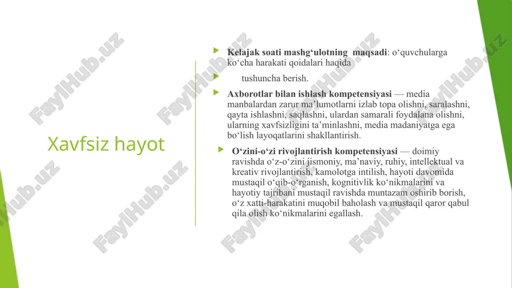 shda ehtiyotsizlik yoki sabrsizliklari oqibatida o‘z xatti-harakatlarini chuqur o‘ylamasdan amalga oshiradilar. agar trotuar piyodalar yo‘lkasi yoki yo‘l yoqasi bo‘lmasa yoxud ulardan yurishning imkoni bo‘lmasa, piyodalar velosiped yo‘lkasidan yoki qatnov qismining chetidan, ajratuvchi bo‘lagi bor yo‘llarda qatnov qismining o‘ng chetidan bir qator bo‘lib yurishlari mumkin. aholi yashaydigan joylardan tashqaridagi yo‘lning qatnov qismida harakatlanayotgan piyodalar transport vositalarining harakatiga qarshi yo‘nalishda yurishlari kerak. piyodalar yo‘lning qatnov qismini piyodalar o‘tish joylaridan shuningdek, yer osti va yer usti o‘tish joylaridan, ular bo‘lmaganda esa chorrahalarda trotuar chiziqlari yoki yo‘l yoqasi bo‘ylab kesib o‘tishlari kerak. iii. yakuniy qism: dars yakunida o‘quvchilar bilan birgalikda olgan bilimlarni umumlashtirilib, savollar bilan mustahkamlanadi. o‘quvchilar rag‘batlantiriladi e`tiboringiz uchun rahmat! image9.jpeg image10.jpeg /docprops/thumbnail.jpeg