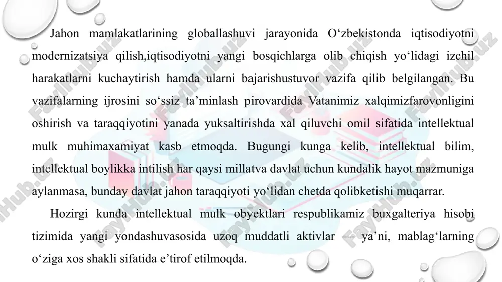 an. olingan gudvilni hisobga olish bo‘yicha ba’zi manbaalar xv asrga, kelgusi davrxarajatlari esa xiv asrga borib taqalsa-da, nomoddiy aktivlarni hisobga olish tushunchasi birinchi marta faqatxix asr oxirida paydo bo‘lgan”. a.sedanov “intellektual kapital va aktivlar, intellektual faoliyat natijalari bo‘lgan; moliyaviy hisobot standartlaribilan tan olingan va balansda aks ettirilgan nomoddiy aktivlar; tan olish me’zonlariga javob bermaydigan vabalansda aks ettirilmagan nomoddiy aktivlar” deb fikr bildirgan. maxalliy iqtisodchi olimlarimizdan m.po‘latov esa intellektual mulk obyektlariga intellektual kapital sifatidaqaraydi va quyidagicha ta’riflaydi “intellektual kapital deganda kishilik jamiyatining yaxlit tarmoq va sohalargakiruvchi korxonalar, tashkilotlar va muassasalarning turli miqdor, sifat va qiymat birliklarida baholanadigan vao‘lchanadigan boyliklari majmuasi tushuniladi”. i.ochilov esa, “intellektual mulklar nomoddiy aktivlarning tarkibi bo‘lib, xo‘jalik faoliyatida uzoq vaqtmobaynida foydalanish uchun mo‘ljallangan moddiy xususiyatga ega bo‘lmagan mol-mulk obektlaridir” debyozadi. n.r. veyzman “intellektual aktivlarni “hayoliy kapital” deb atab, nomoddiy aktivlarni moliyaviy holatto‘g‘risidagi hisobot (balans)da tan olishning salbiy ta’siriga e’tibor qaratadi. uning fikricha, intellektual aktivlar- bu qiymatni o‘zida mujassam …