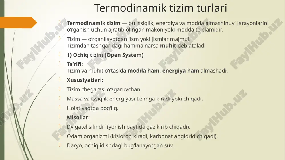 namik qonuni — issiqlik muvozanati (0-qonun) agar tizim a tizim b bilan issiqlik muvozanatida bo‘lsa, va tizim b tizim c bilan issiqlik muvozanatida bo‘lsa, u holda tizim a ham tizim c bilan issiqlik muvozanatida bo‘ladi mazmuni va ahamiyati har qanday ikkita jism o‘zaro issiqlik almashinuvi to‘xtaganida, ular issiq muvozanat holatida bo‘ladi. bunday holatda ularning temperaturalari teng bo‘ladi: ta​=tb​ uchta jism uchun yuqoridagi qonun shuni bildiradiki, temperatura – o‘lchanadigan va taqqoslanadigan miqdor. . issiqlik muvozanati jarayoni qanday kechadi ikkita jism (masalan, issiq va sovuq) bir-biriga tegiziladi. issiqlik oqimi issiq jismlardan sovuqqa o‘tadi. vaqt o‘tishi bilan ularning temperaturasi tenglashadi: t1=t2=tmuvozanatt_1 = t_2 = t_{muvozanat}t1​=t2​=tmuvozanat​ 1-qonun — energiya saqlanish qonuni energiya saqlanish qonuni shuni aytadiki, energiya yo‘qolmaydi va yo‘qdan paydo bo‘lmaydi — u faqat bir turdan boshqa turga o‘zgaradi yoki bir jismdan boshqasiga o‘tadi. mexanik energiya — jism harakatga kelganda potensial energiya kinetik energiyaga aylanadi (masalan, tosh balandlikdan tushganda). elektr energiyasi — lampada …