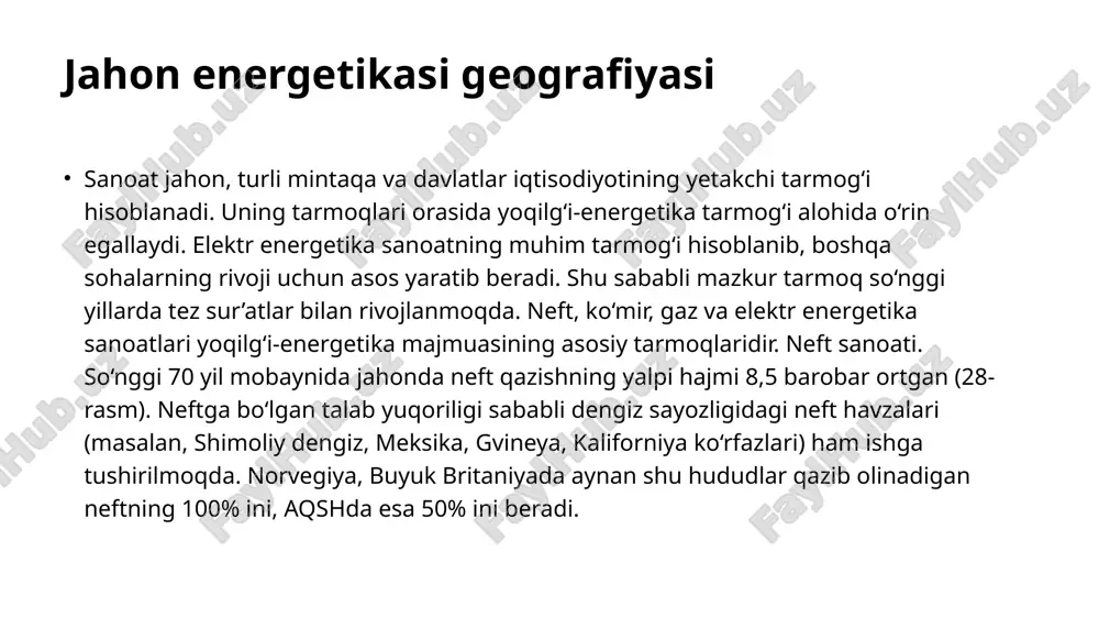 avlatlari esa asosiy neft sotib oluvchi davlatlar guruhini tashkil etadi (30-rasm). jahondagi yirik neftni qayta ishlash zavodlari yirik neft konlari asosida yoki iste’molchilarga yaqin hududlarda joylashgan. jahon mintaqalari orasida yevropa, shimoliy amerika, osiyo, davlatlar orasida esa aqsh, xitoy, rossiya neftni qayta ishlash bo‘yicha peshqadamlik qiladi. gaz sanoati. tabiiy gaz yoqilg‘i sifatida boshqa yoqilg‘i turlaridan ekologik jihatdan nisbatan bezarar energiya manbai ekani bilan ajralib turadi. shu bilan birga, u qazib olish tannarxining arzonligi, issiqlik berish quvvatining yuqoriligi kabi xususiyatlarga ham ega. ma’lumotlarga ko‘ra, gazning jahon bo‘yicha umumiy isbotlangan zahirasi 188,1 trillion m3 ni tashkil etadi. so‘nggi vaqtlarda gaz qazib olish hajmi yildan-yilga oshib bormoqda. agar 1950-yil u 200 milliard m3, 2000-yil esa 2420 milliard m3 ni tashkil etgan bo‘lsa, 2020-yilga kelib, 3854 milliard m3 ga yetdi. gaz qazib olish bo‘yicha osiyo, shimoliy amerika, yevropa mintaqalari yetakchi bo‘lsa, davlatlar orasida aqsh (914,6 milliard m3), rossiya (638,5 milliard m3), eron (250,8 milliard m3), …